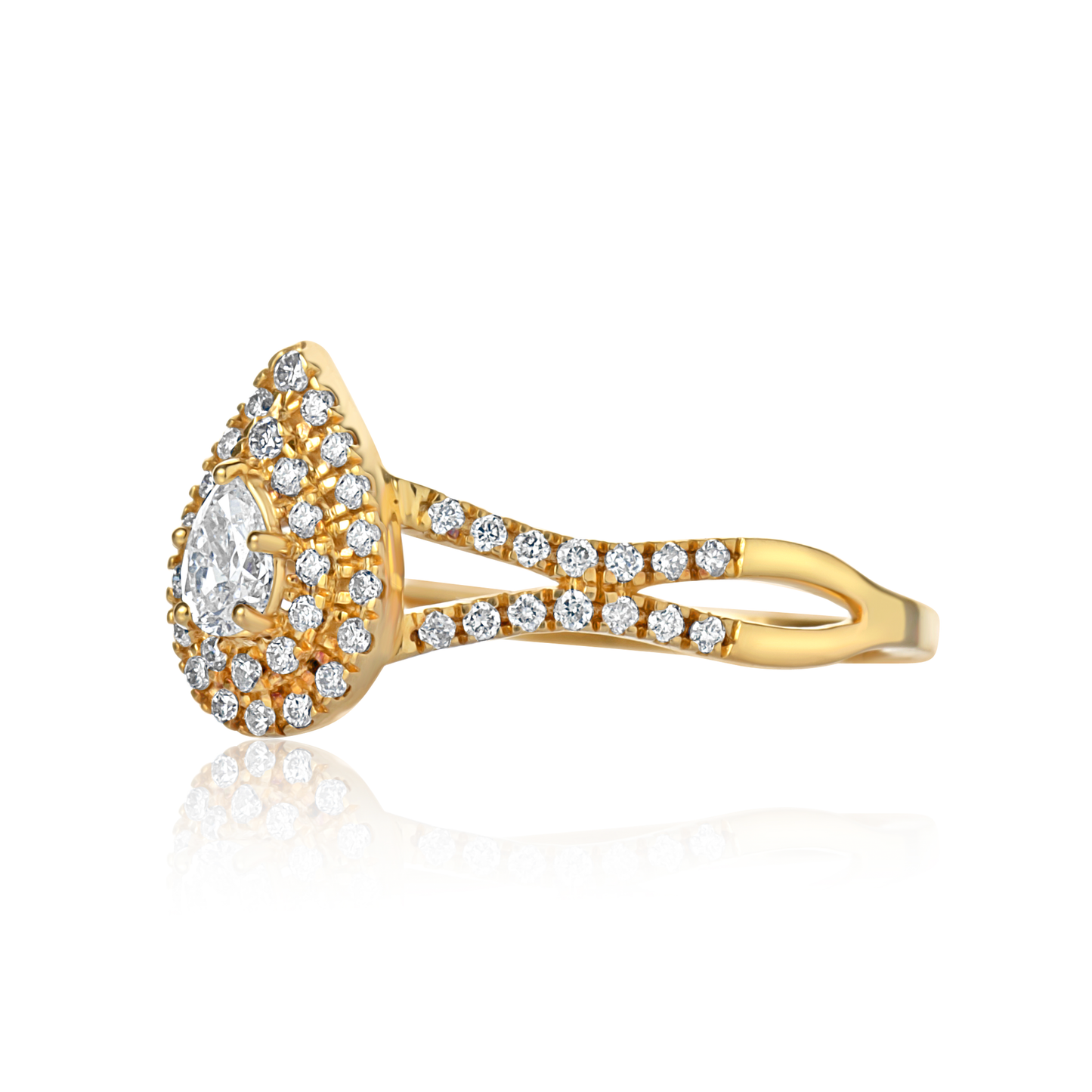 Gold ring with diamond accents on a white background