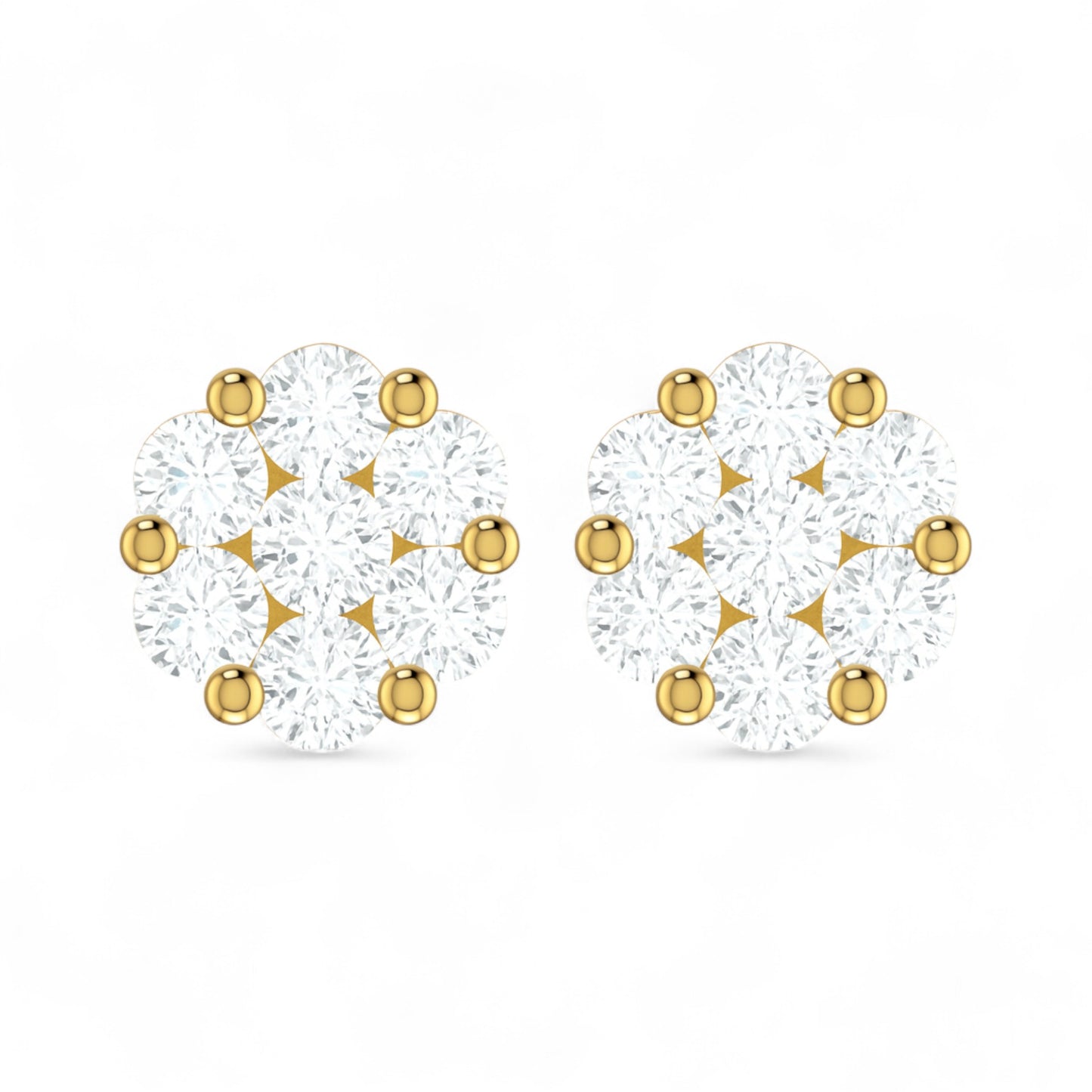 Pair of gold and diamond stud earrings on a white background