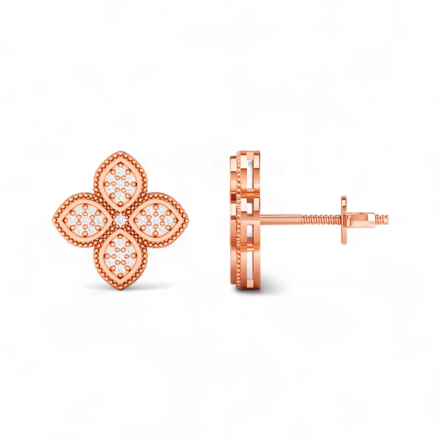Rose gold floral earrings on a white background