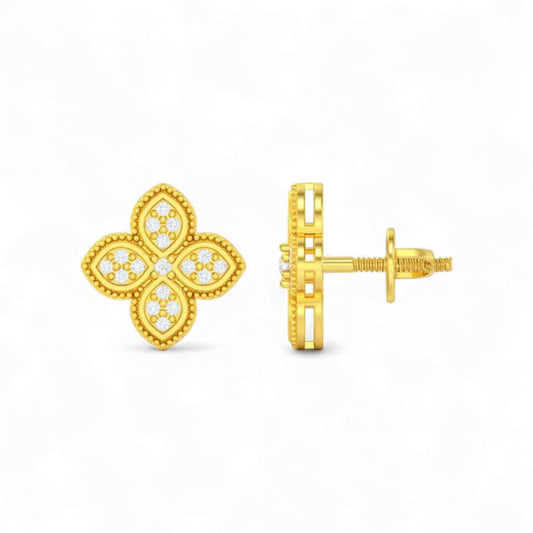 Gold floral earrings on a white background