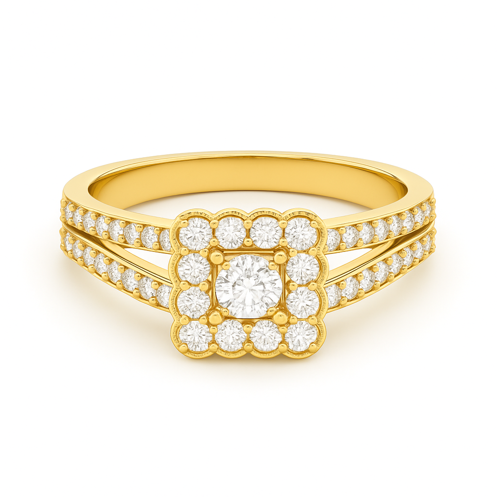 Gold ring with diamond accents on a white background