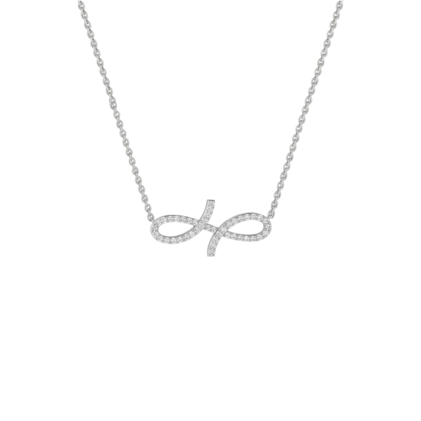 Silver necklace with an infinity symbol on a white background
