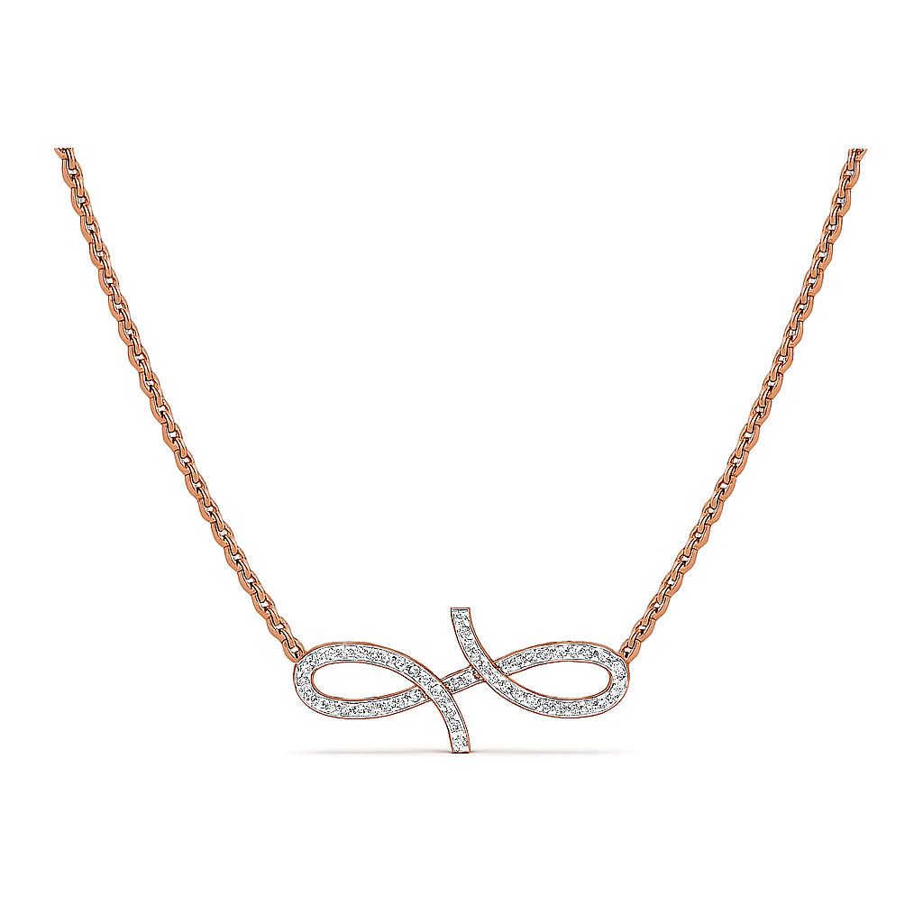 Rose gold infinity necklace with diamonds on a white background