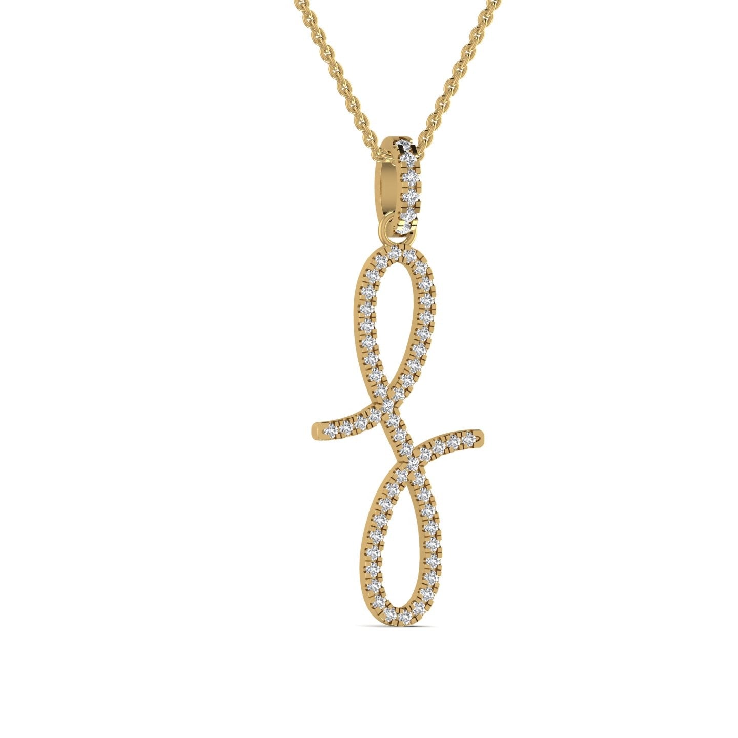 Gold necklace with a diamond-encrusted pendant on a white background