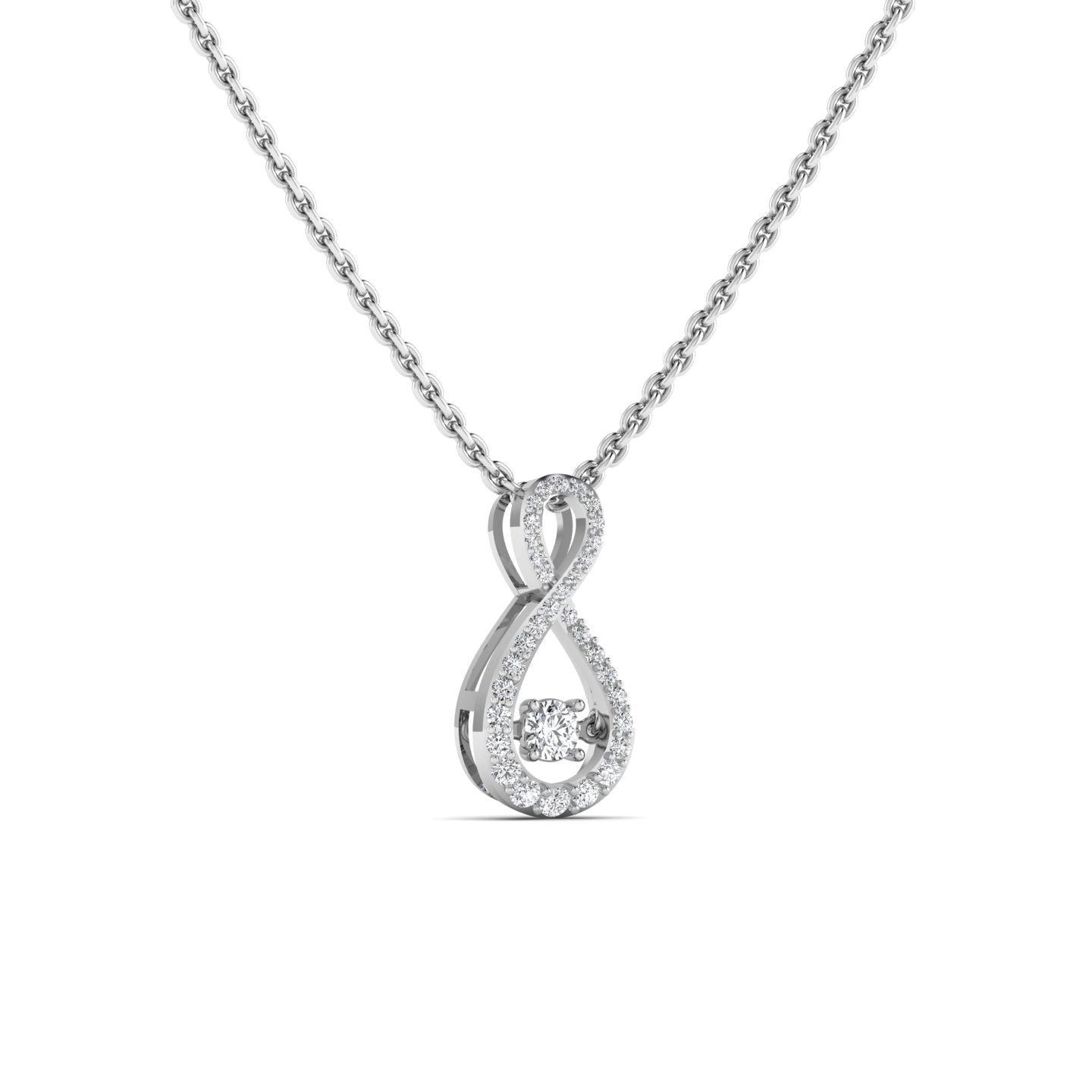 Silver infinity pendant necklace on a white background