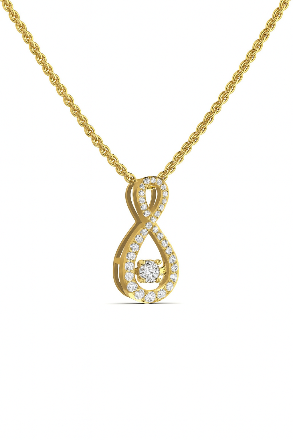 Gold necklace with a diamond-infused pendant on a white background