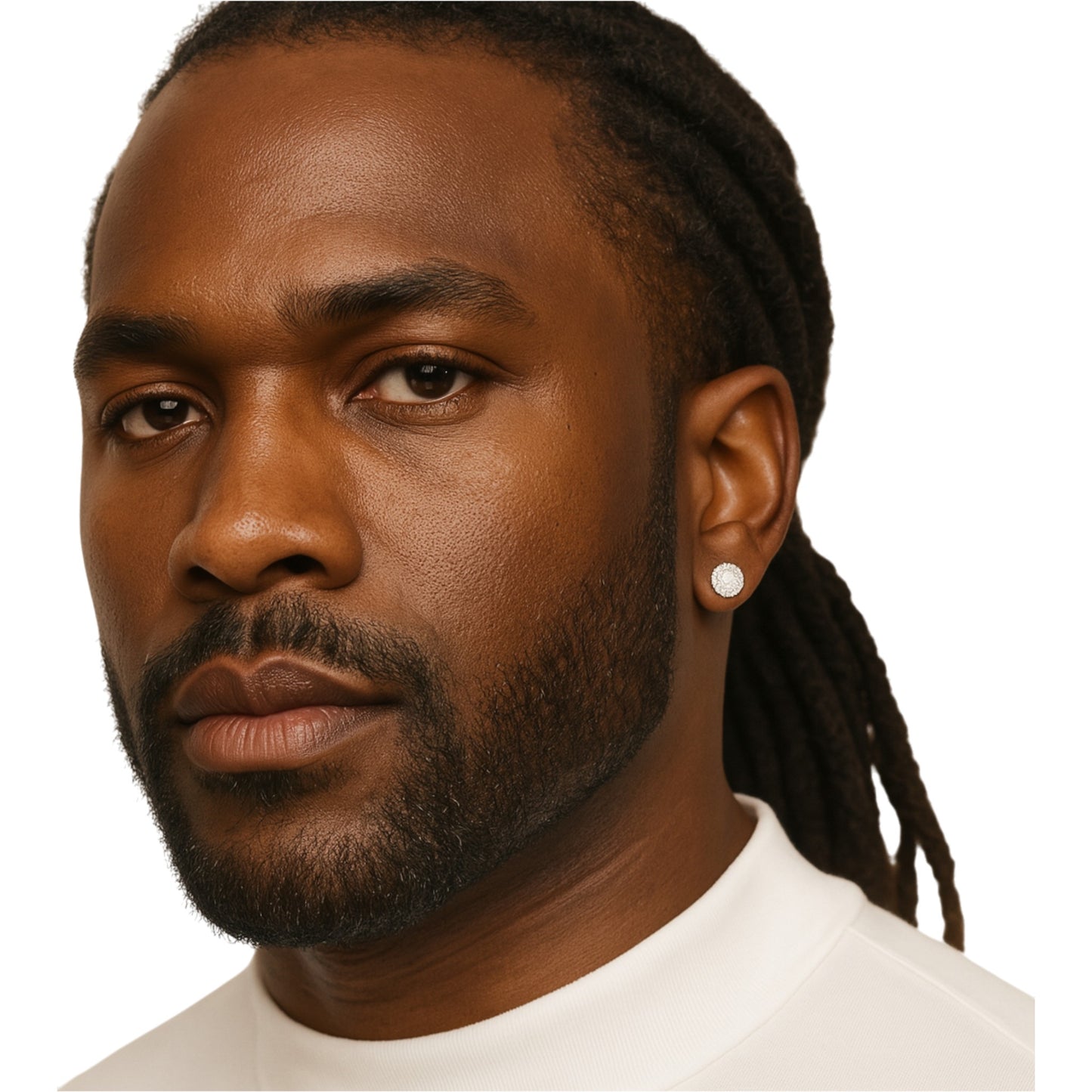 Man with dreadlocks wearing a white shirt on a white background
