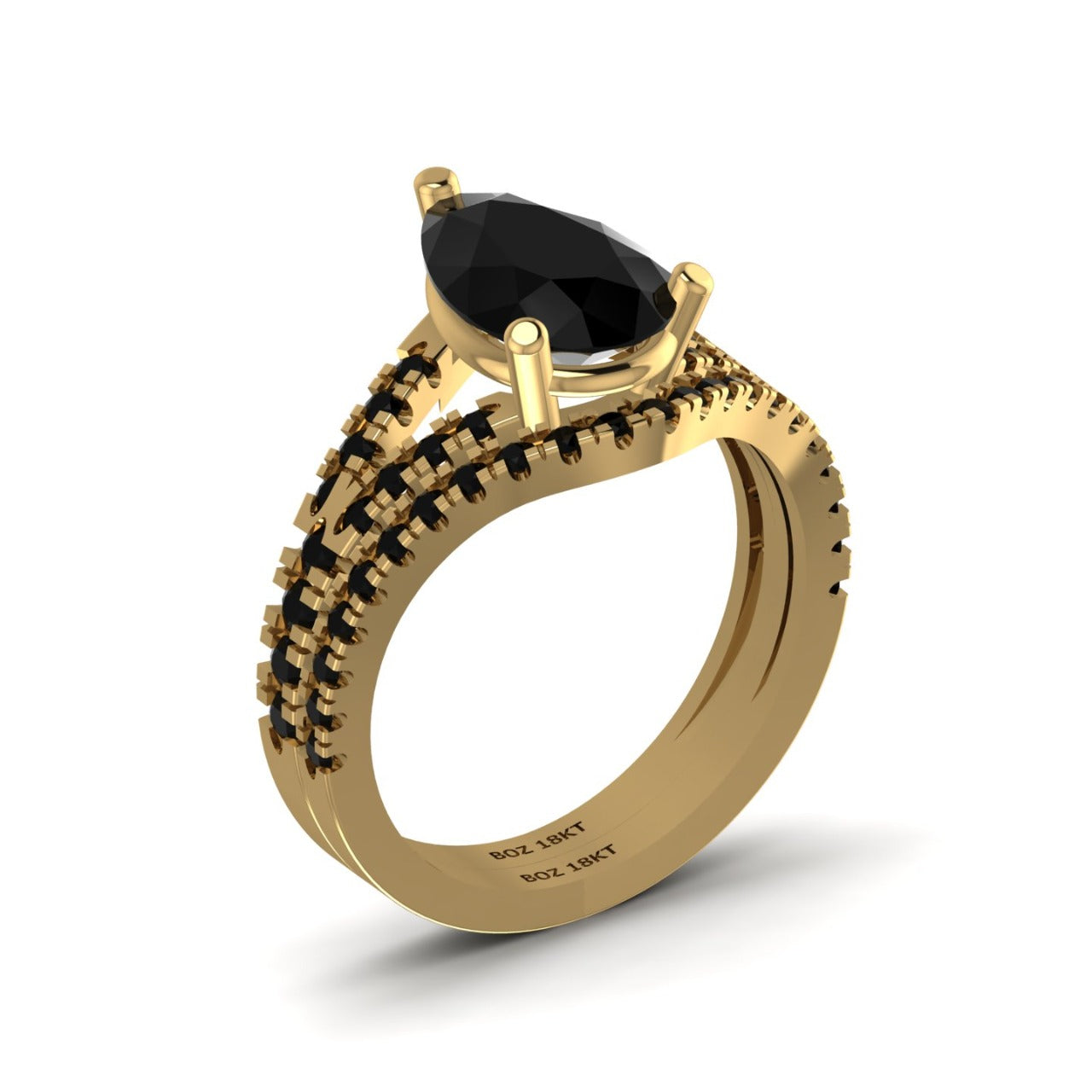 Split Shank Pear Cut Black Natural Diamond Bride Set in 18K Gold