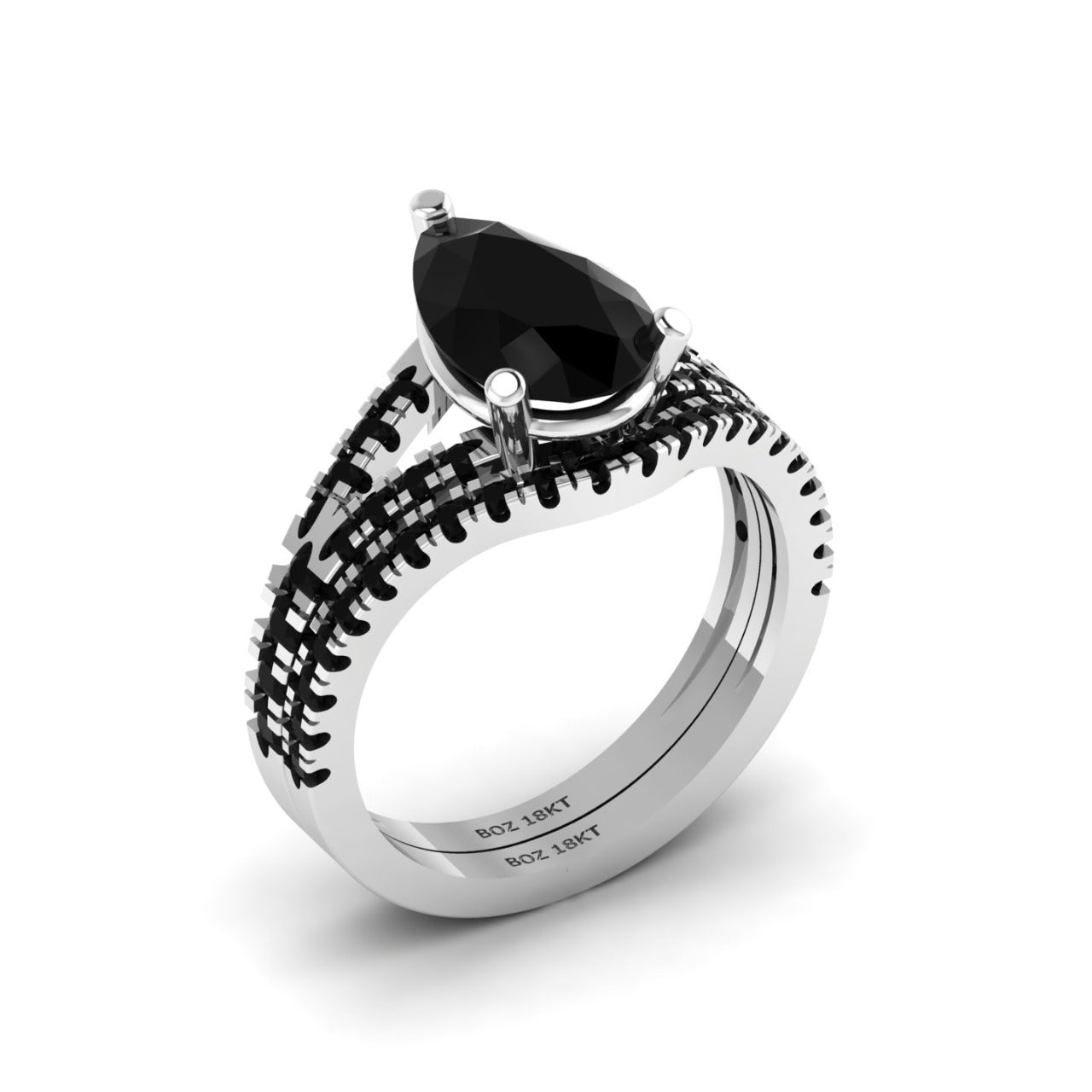 Split Shank Pear Cut Black Natural Diamond Bride Set in 18K Gold