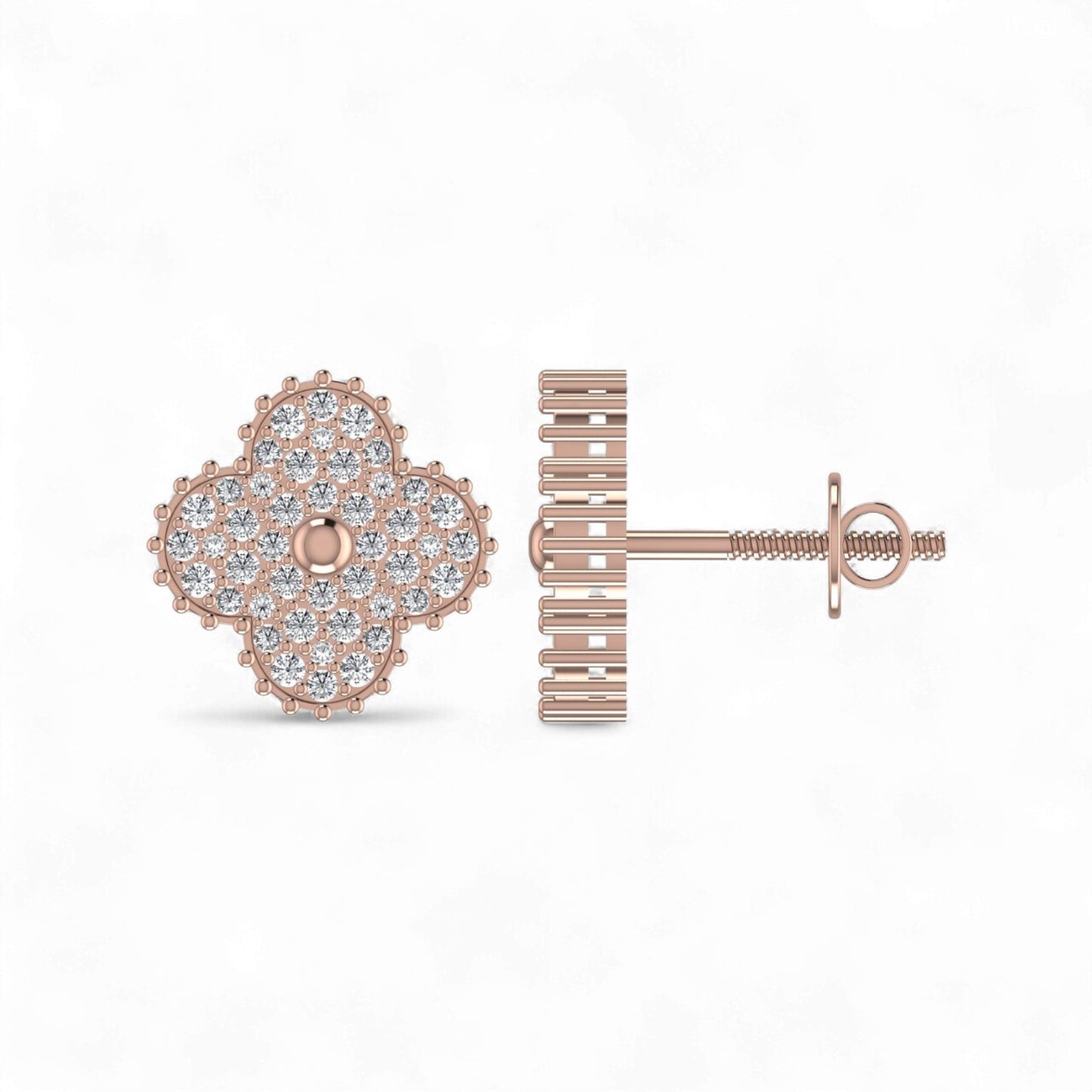 Rose gold earrings with diamond accents on a white background