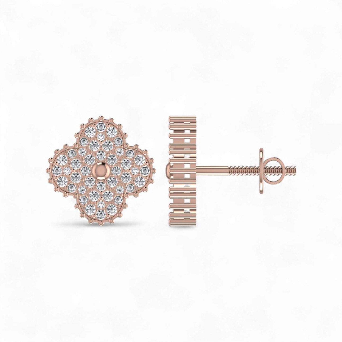 Rose gold earrings with diamond accents on a white background