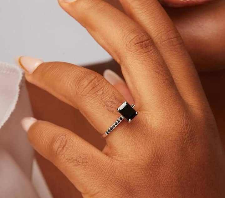 No Halo Black Emerald Cut Engagement Ring in 925 Sterling Silver