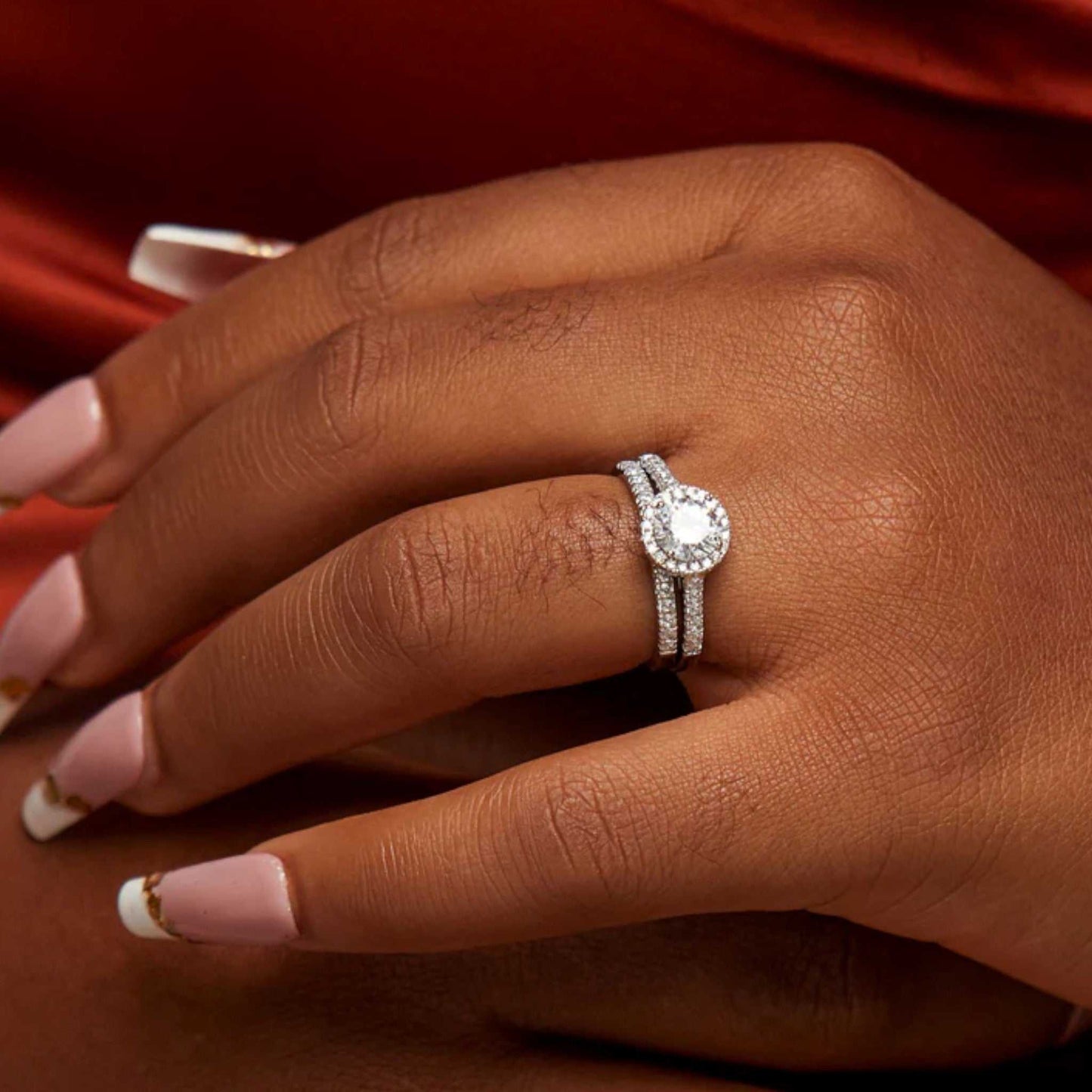 Classic Round Cut CZ Bride Set in 925 sterling silver on hand with round-cut cubic zirconia and matching wedding band