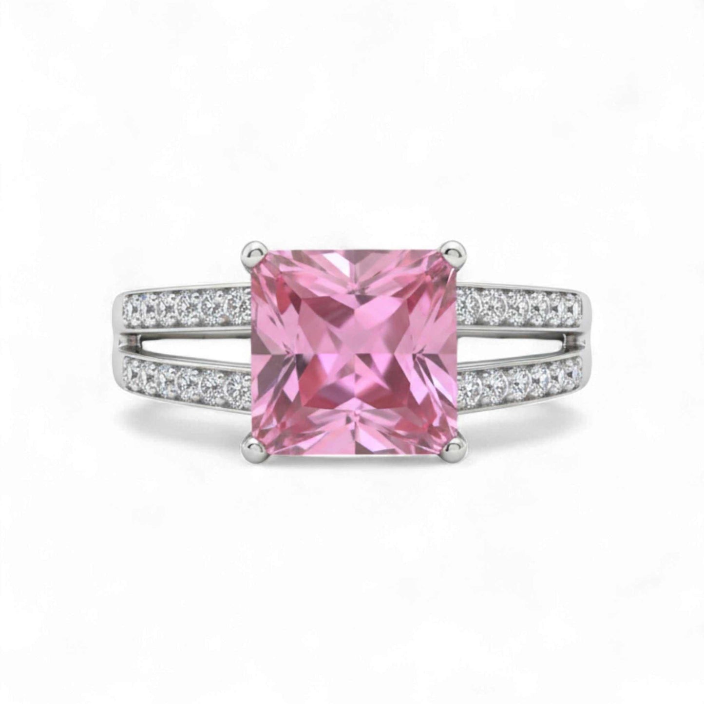 Pink princess cut CZ engagement ring in 925 sterling silver with pavé cubic zirconia accents
