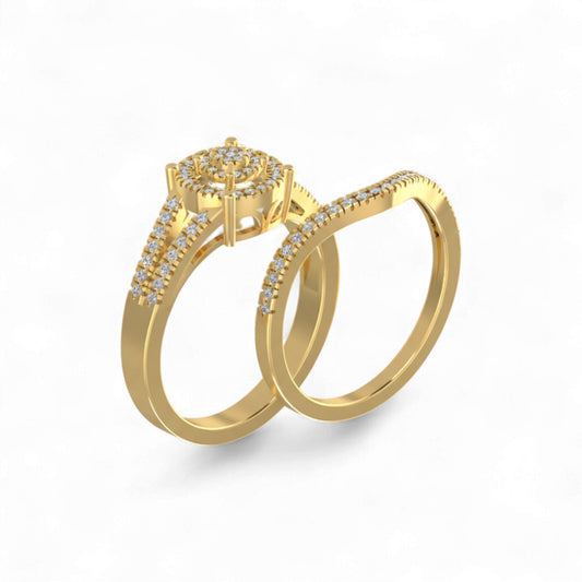 Gold ring with diamond accents on a white background