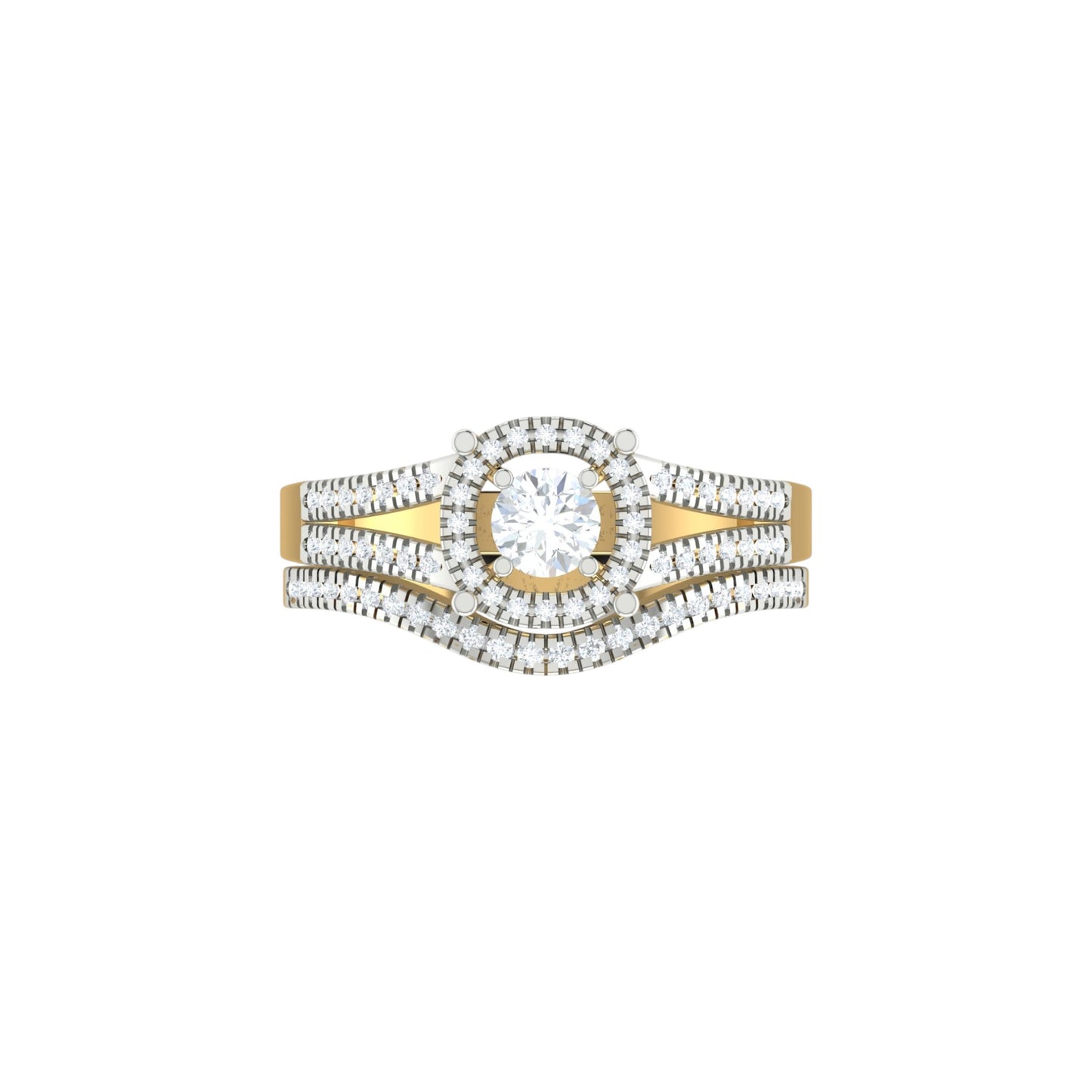 Gold and silver ring with a central diamond on a white background