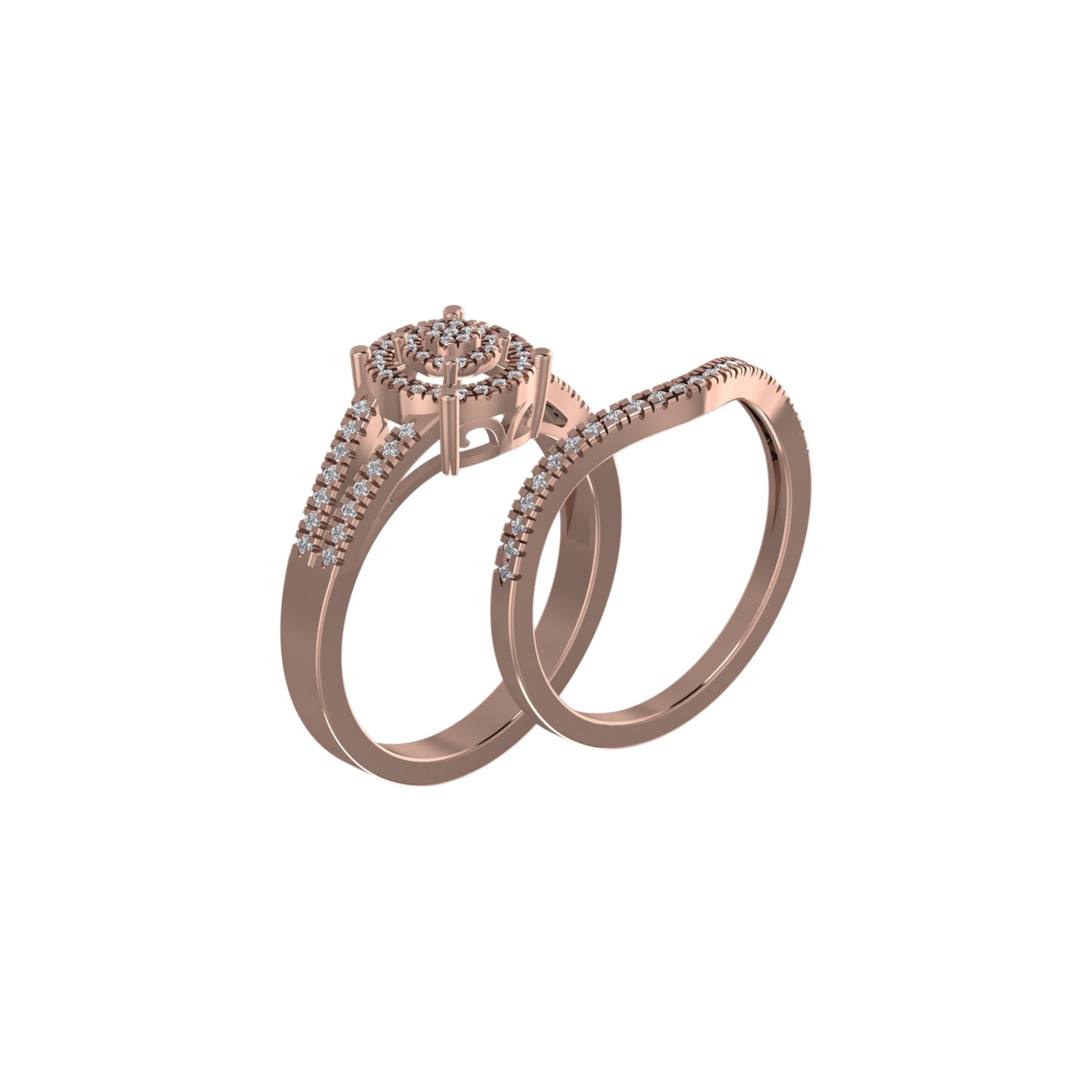 Rose gold ring with diamond accents on a white background
