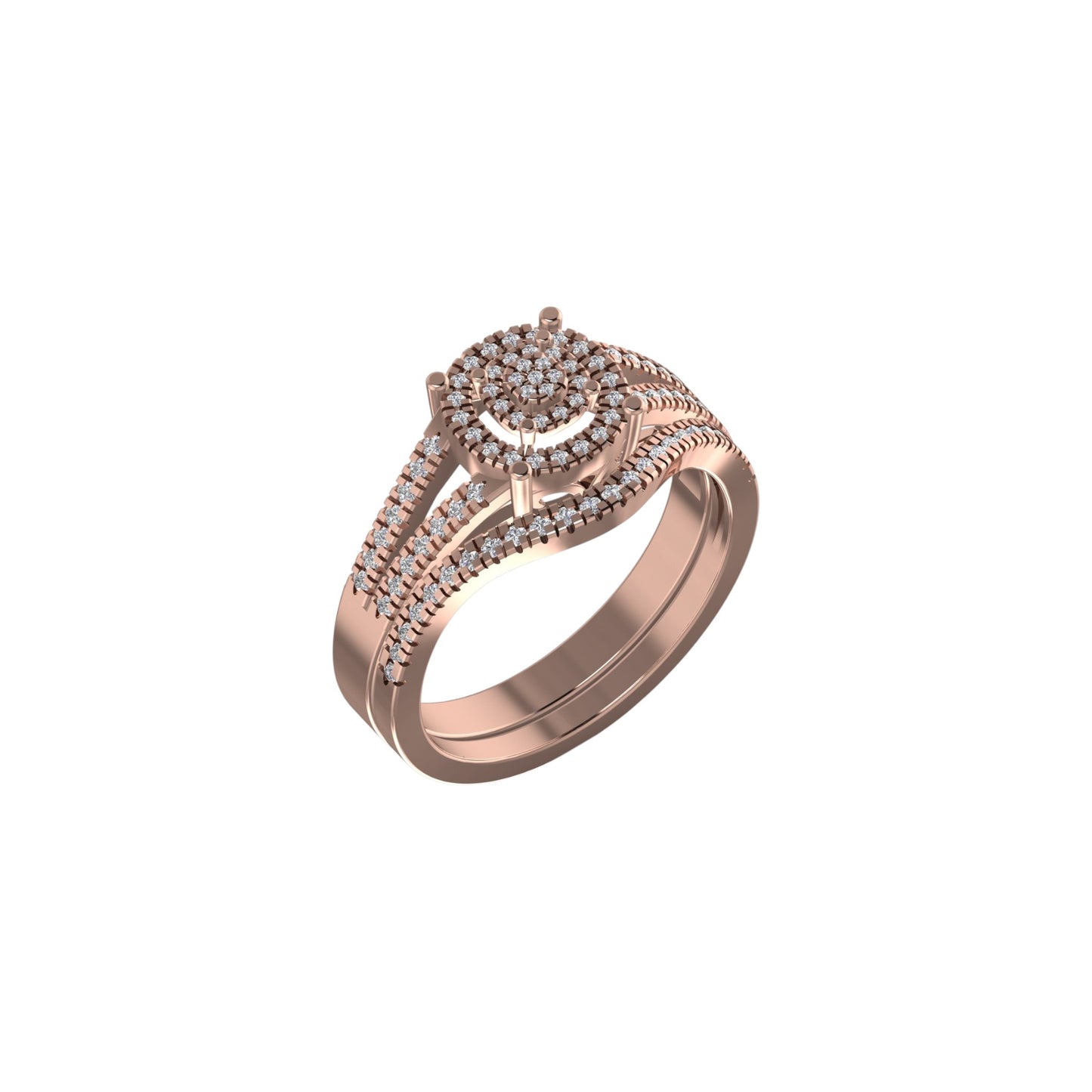 Rose gold ring with diamond accents on a white background