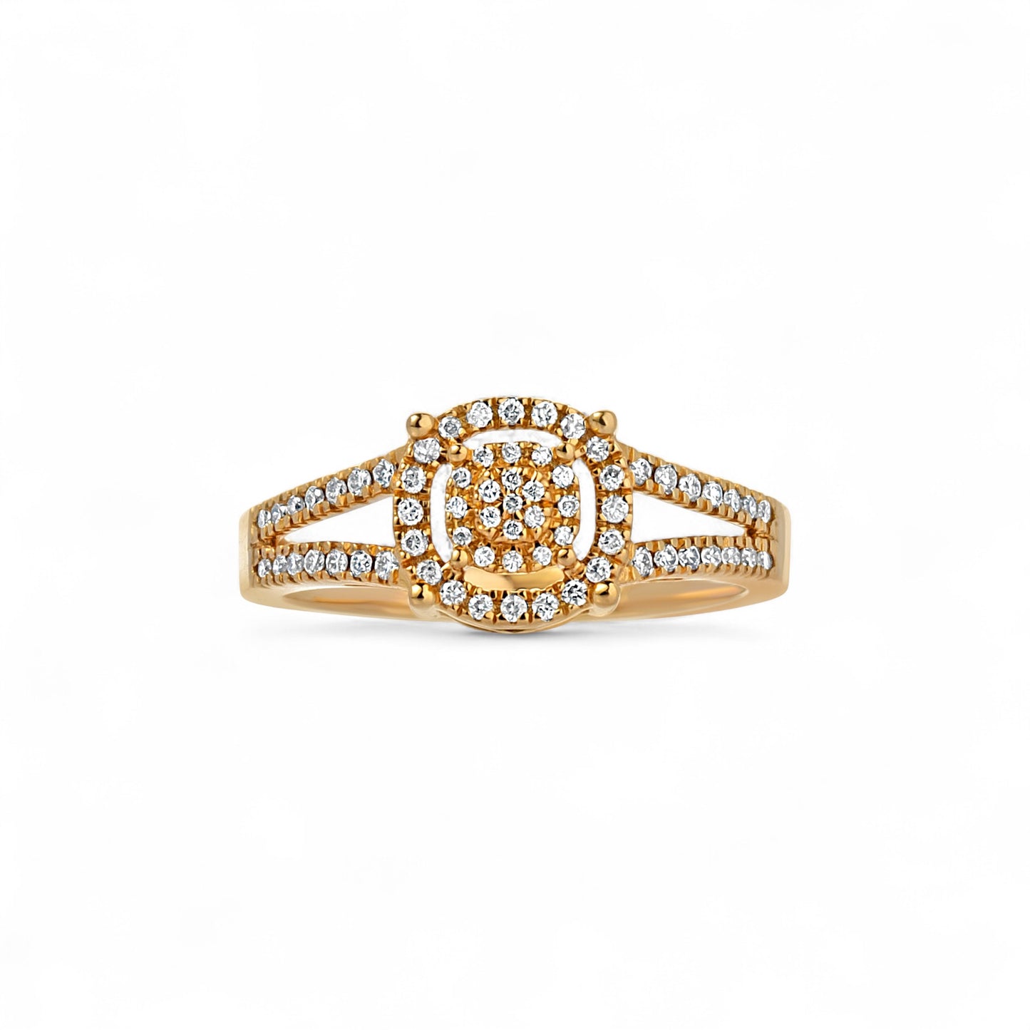 Gold ring with diamond accents on a white background