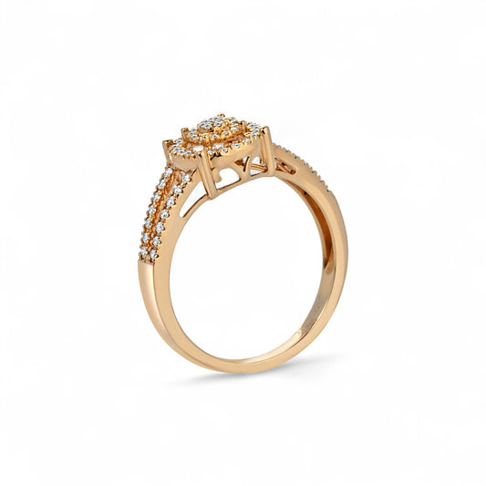 Rose gold ring with diamond accents on a white background