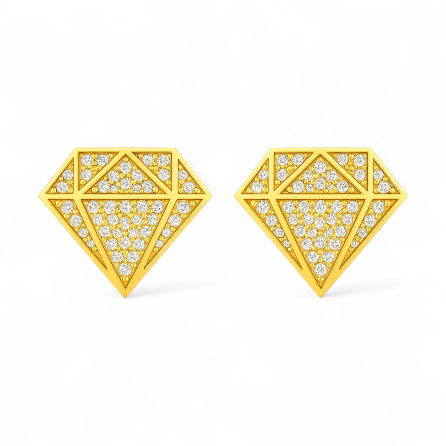 Gold geometric earrings with diamond-like stones on a white background