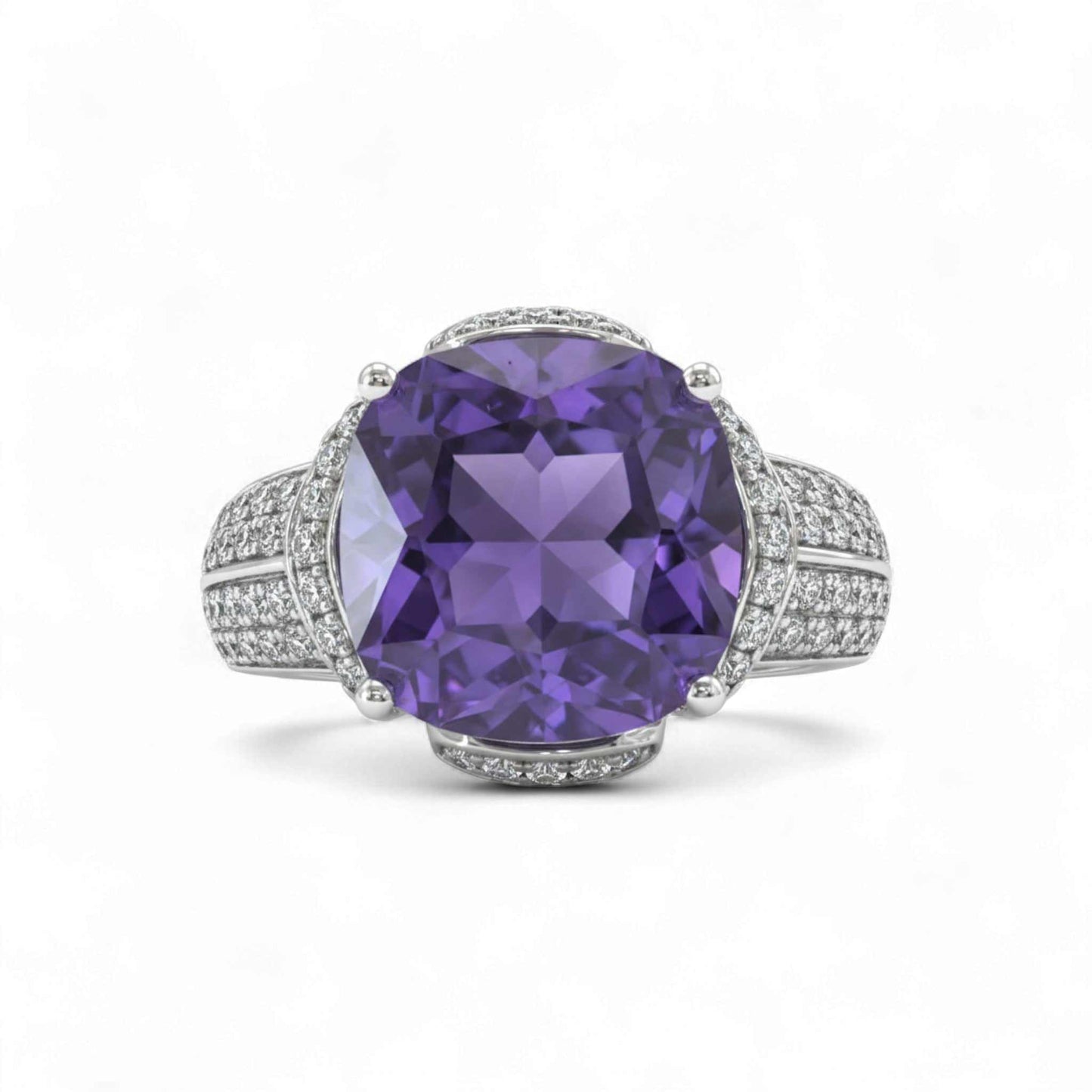 925 sterling silver engagement ring with a large purple CZ stone and micro pave accents