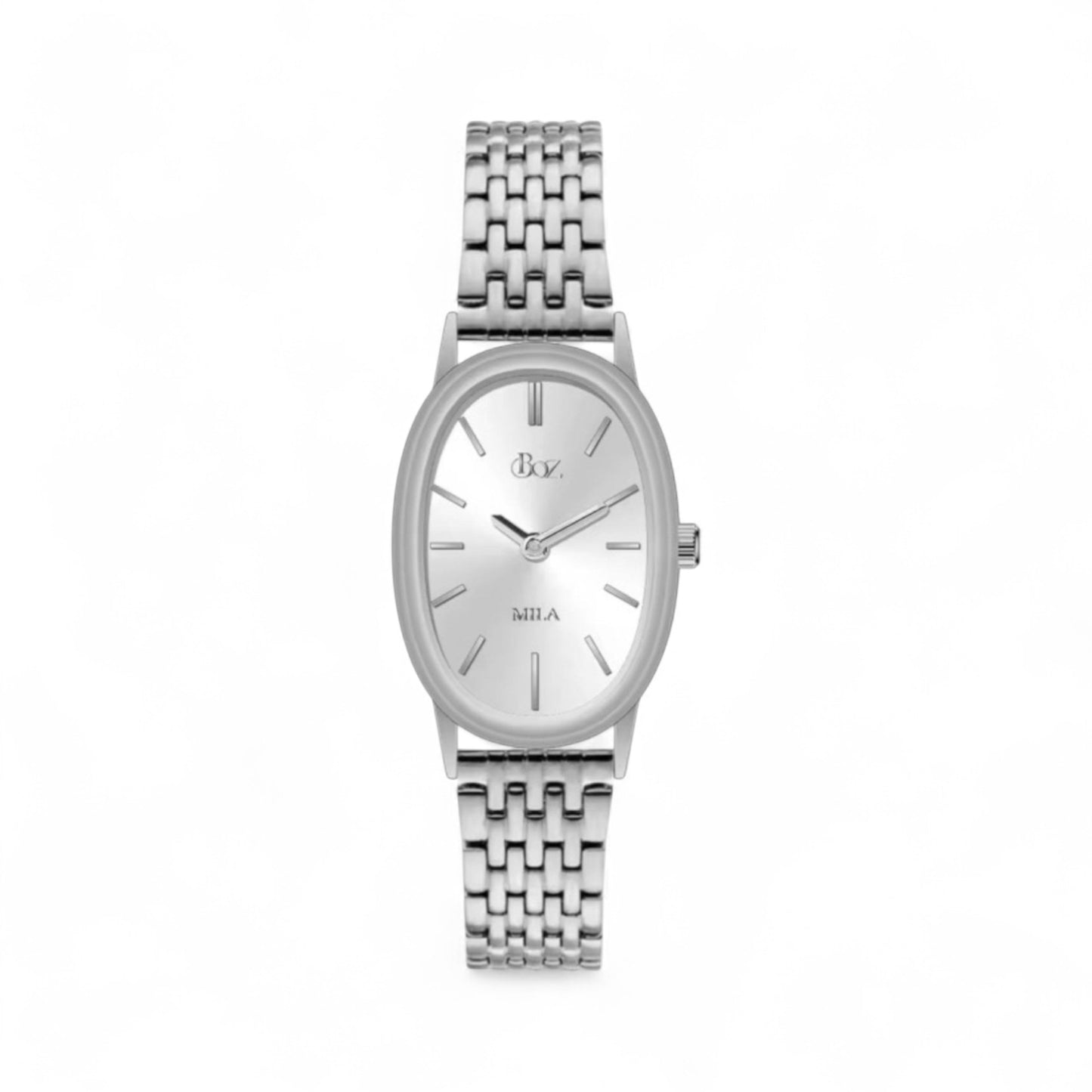 Silver watch with a metallic band on a white background