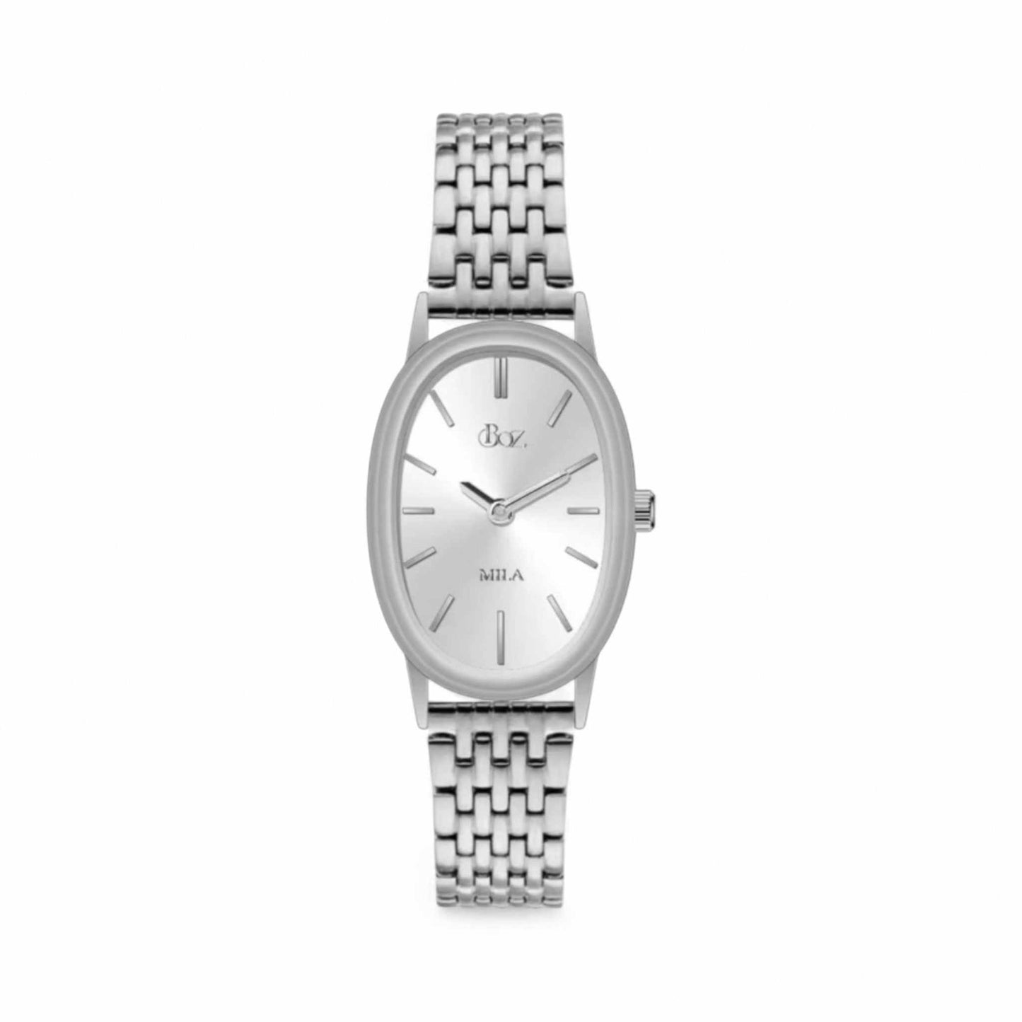 Silver watch with a metallic band on a white background