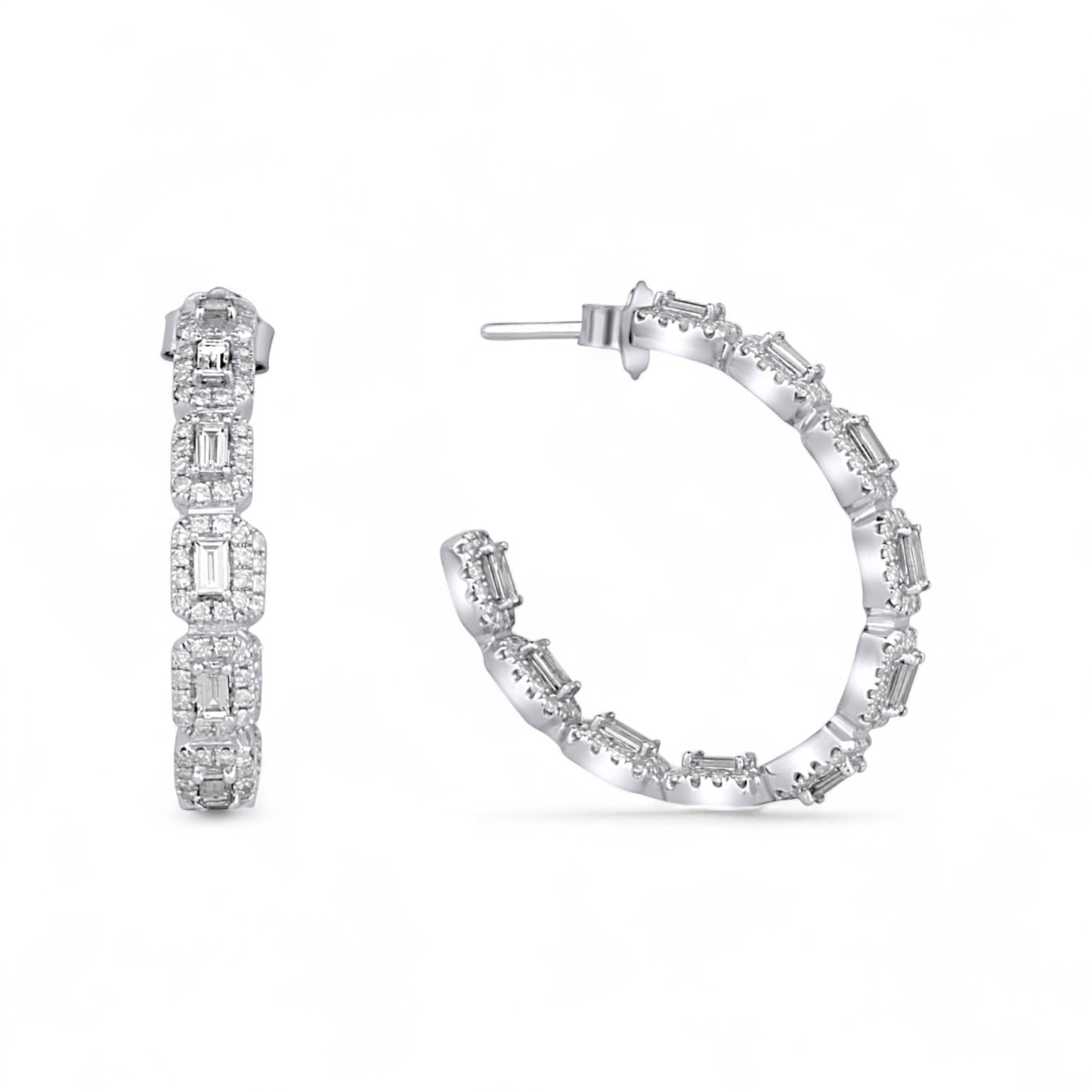 Round and Baguette Diamond Hoops Earring