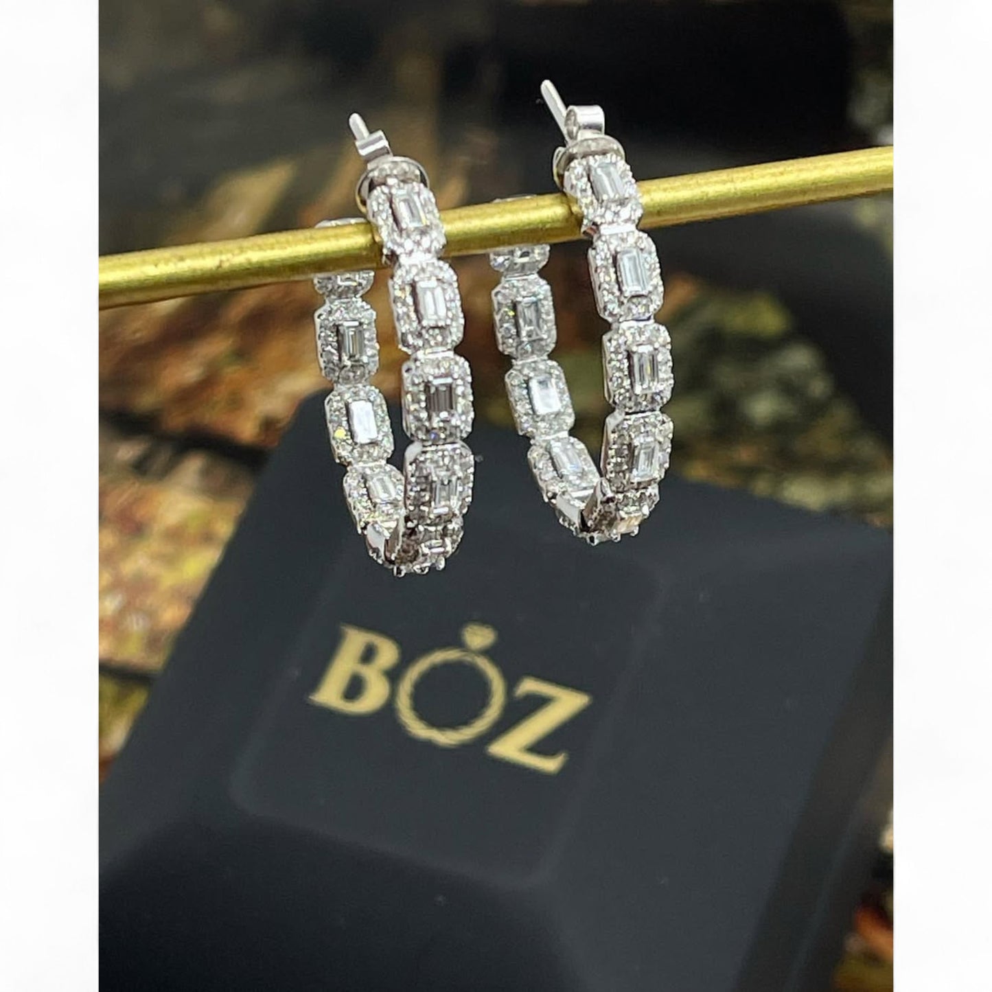 Round and Baguette Diamond Hoops Earring