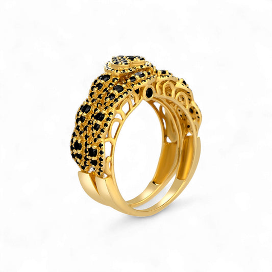 Ruby Heart Cut Black Diamond Cluster Bride Set in 18KT Gold