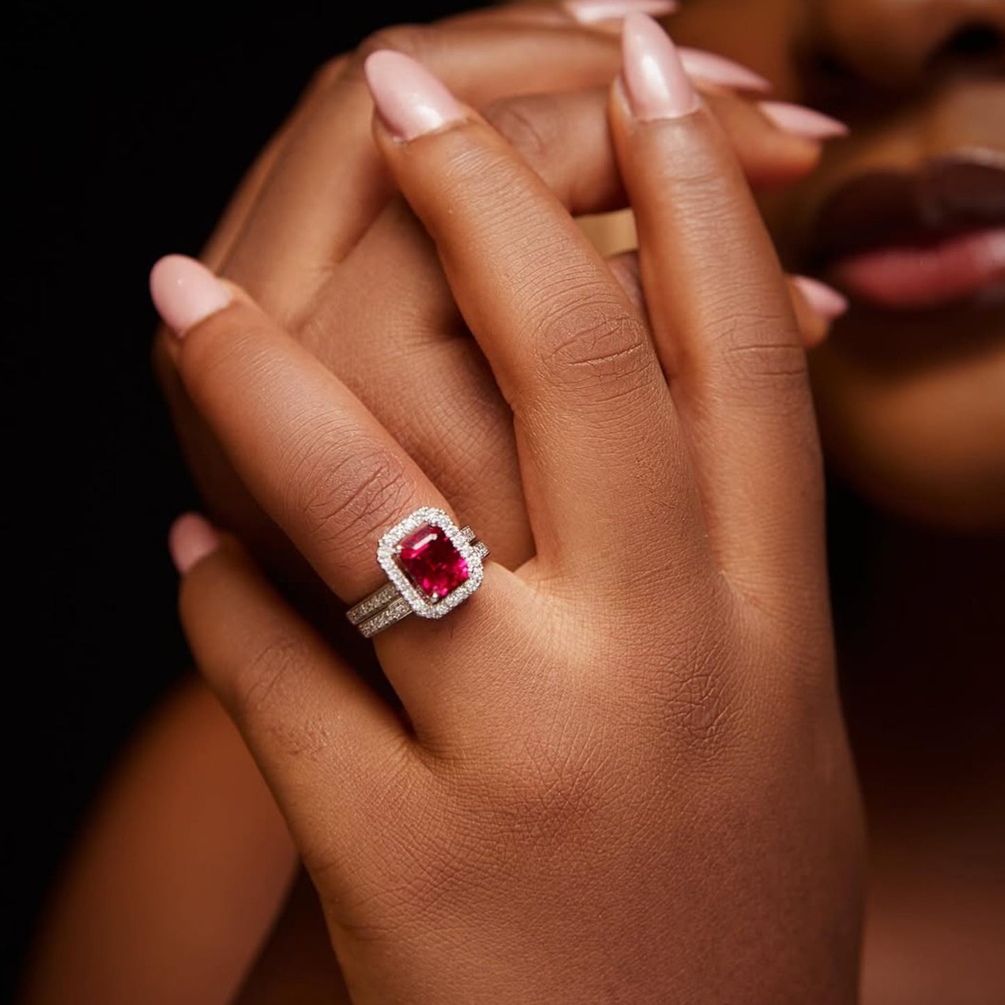 Ruby Love Radiant Cut Natural Diamond Side Stones Bride Set in Platinum