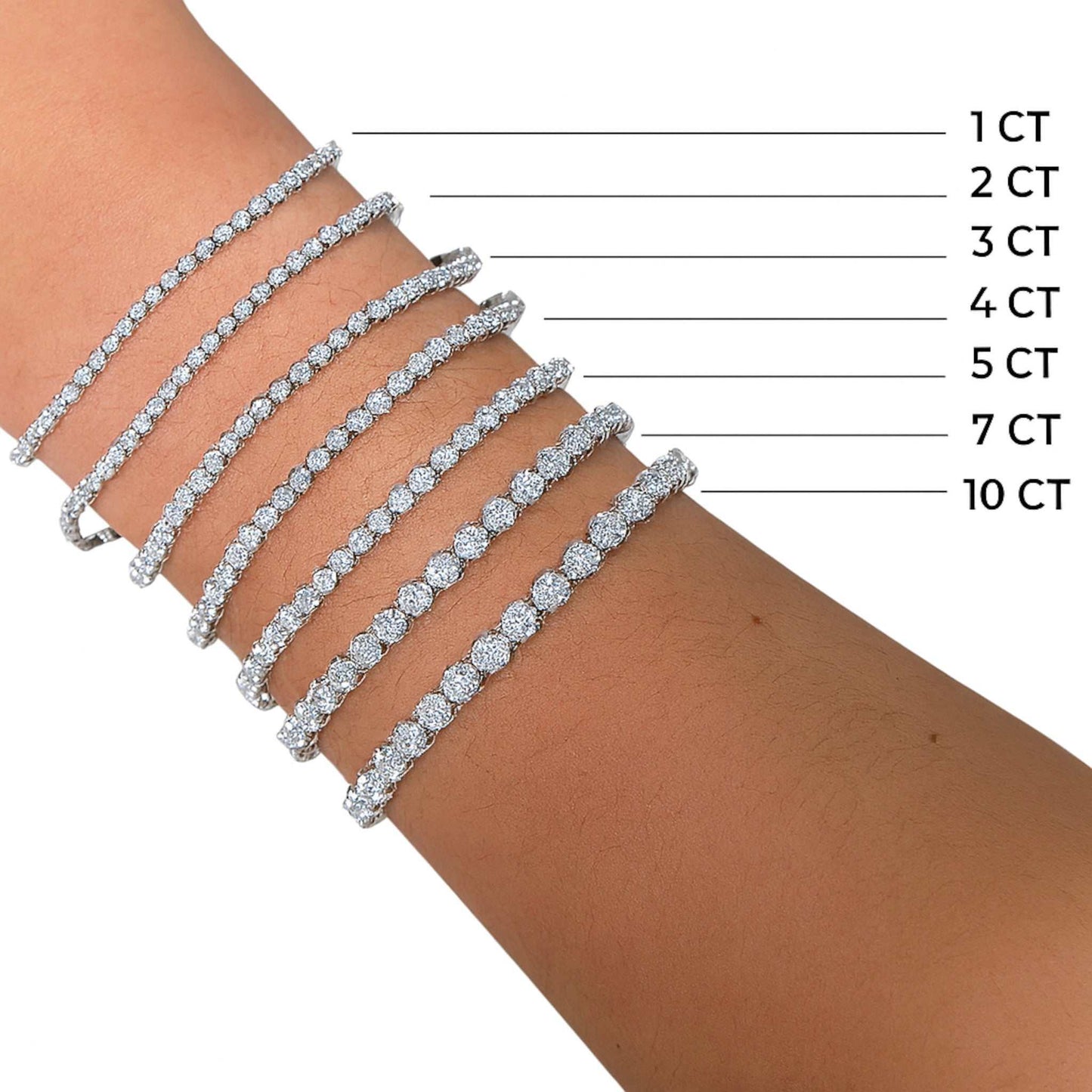 Diamond bracelets of different carat weights on a wrist with labeled carat weights.