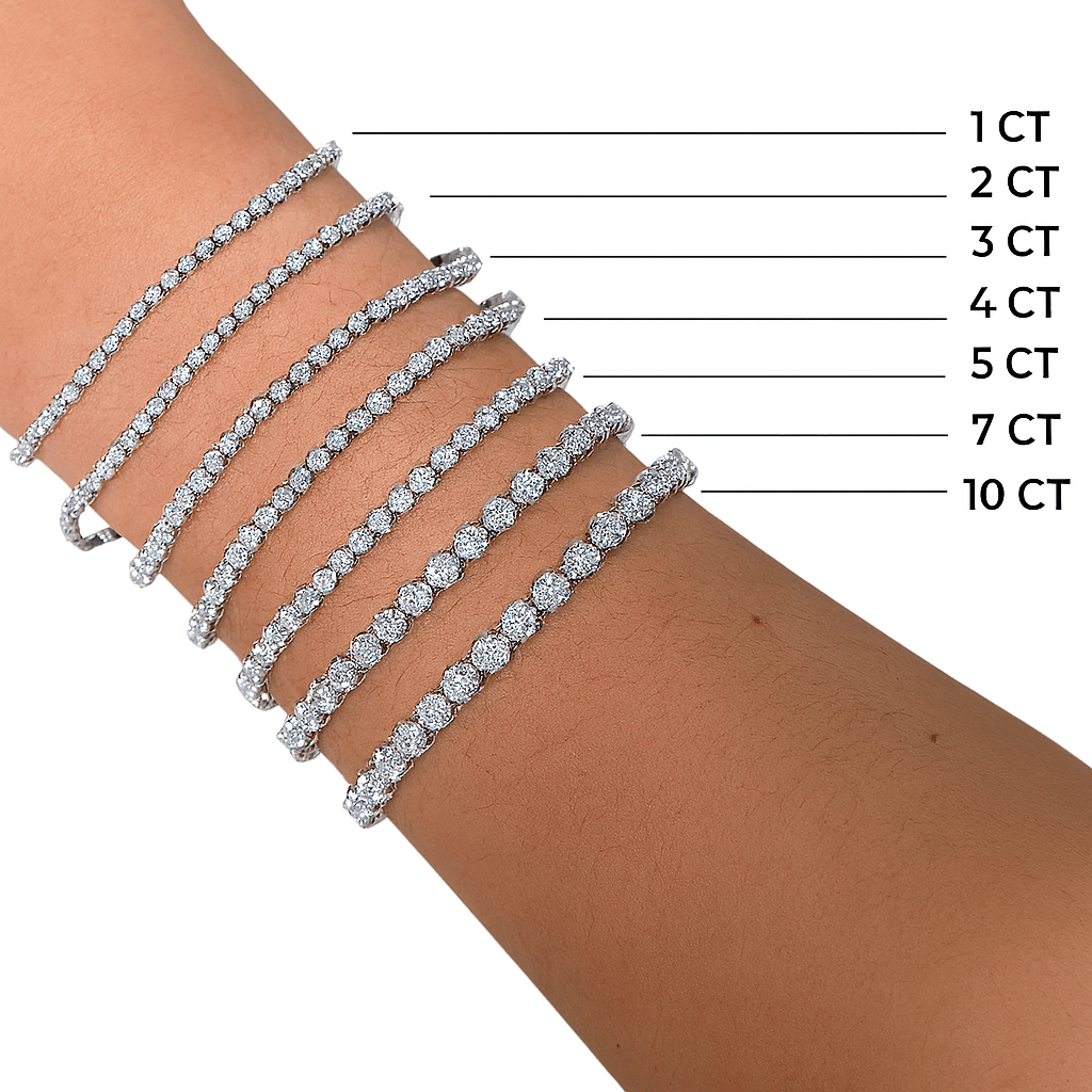 Diamond bracelets on a wrist with labeled carat weights.