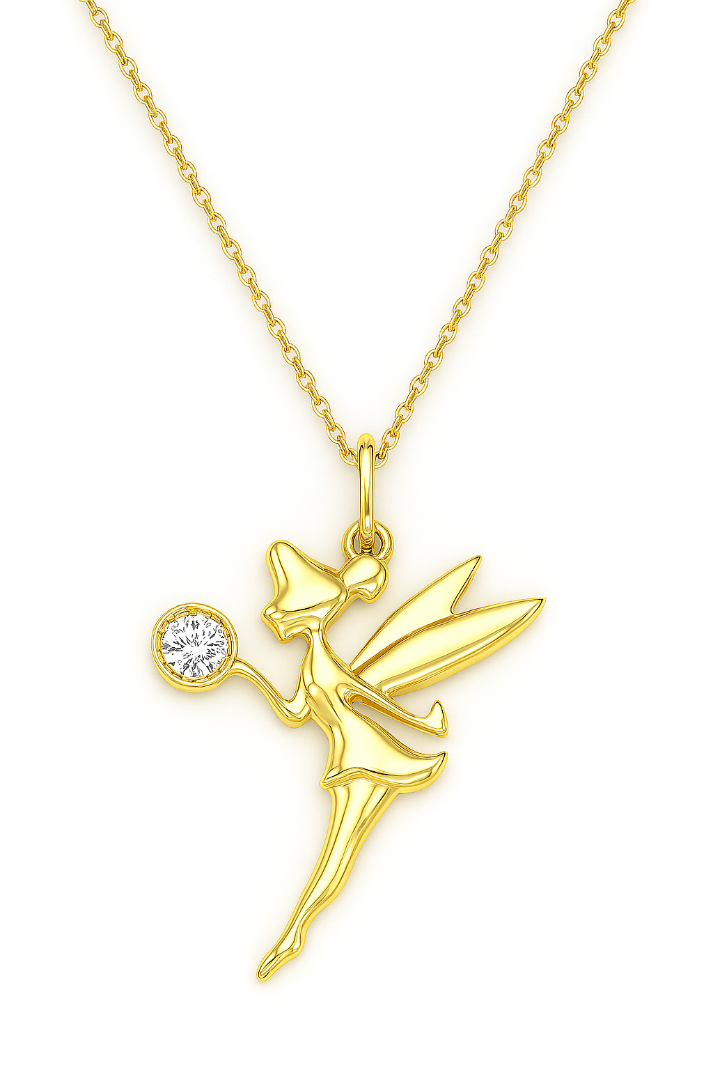Gold fairy pendant necklace on a white background