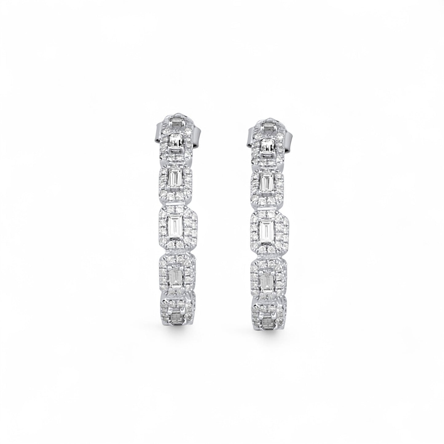 Round and Baguette Diamond Hoops Earring