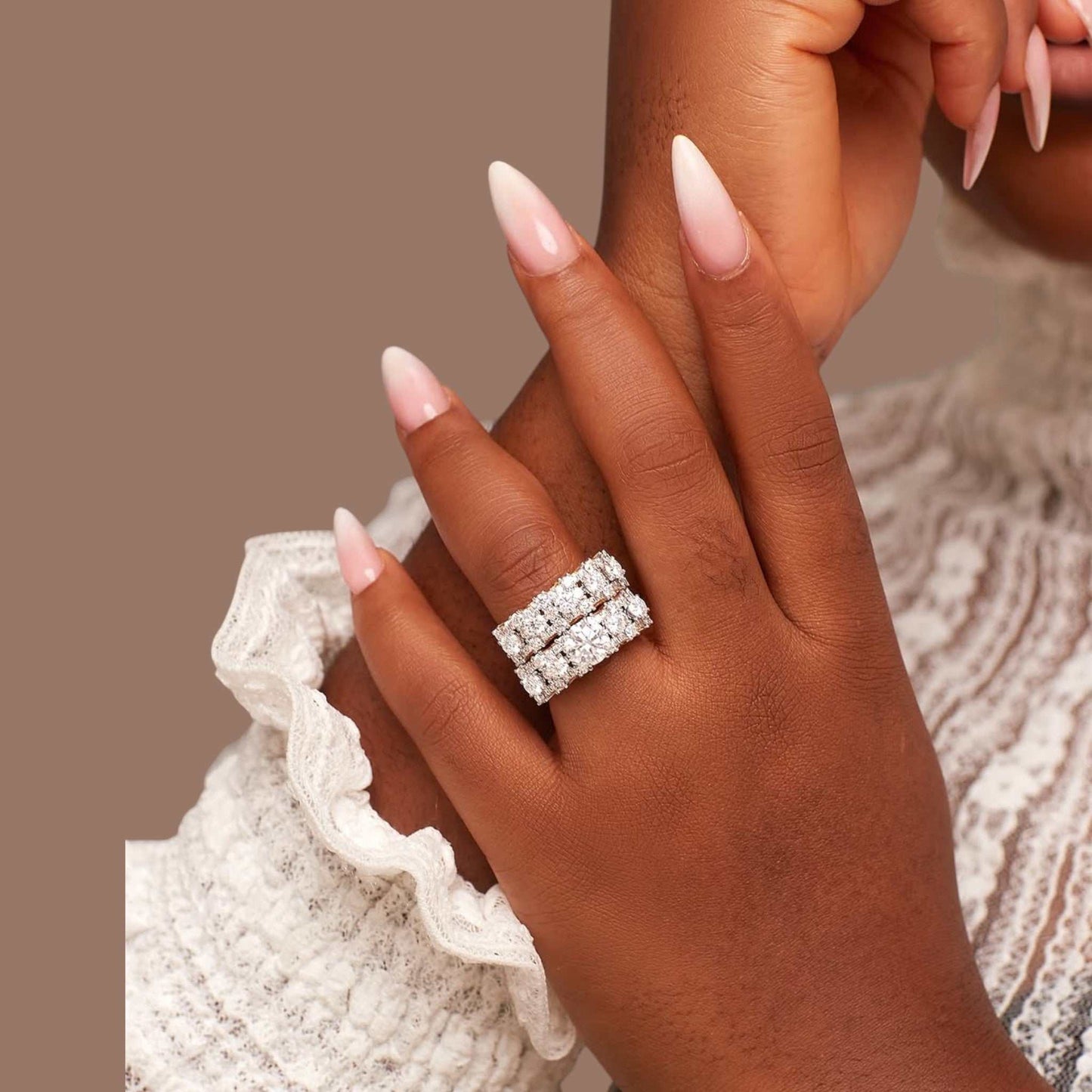 Valerie CZ Bride Set 10KT gold engagement ring and matching band with cubic zirconia stones on hand