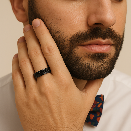Man wearing a black ring with a floral bow tie, close-up of face and hand.