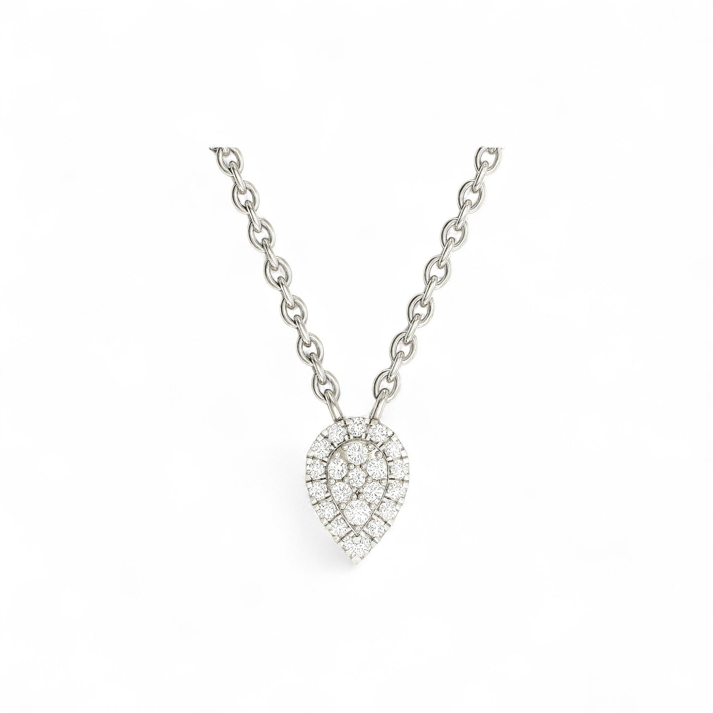 Silver necklace with a teardrop-shaped pendant on a white background