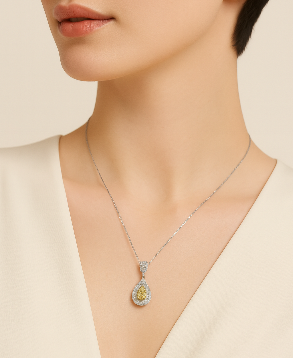 Necklace with a pendant worn by a model on a neutral background