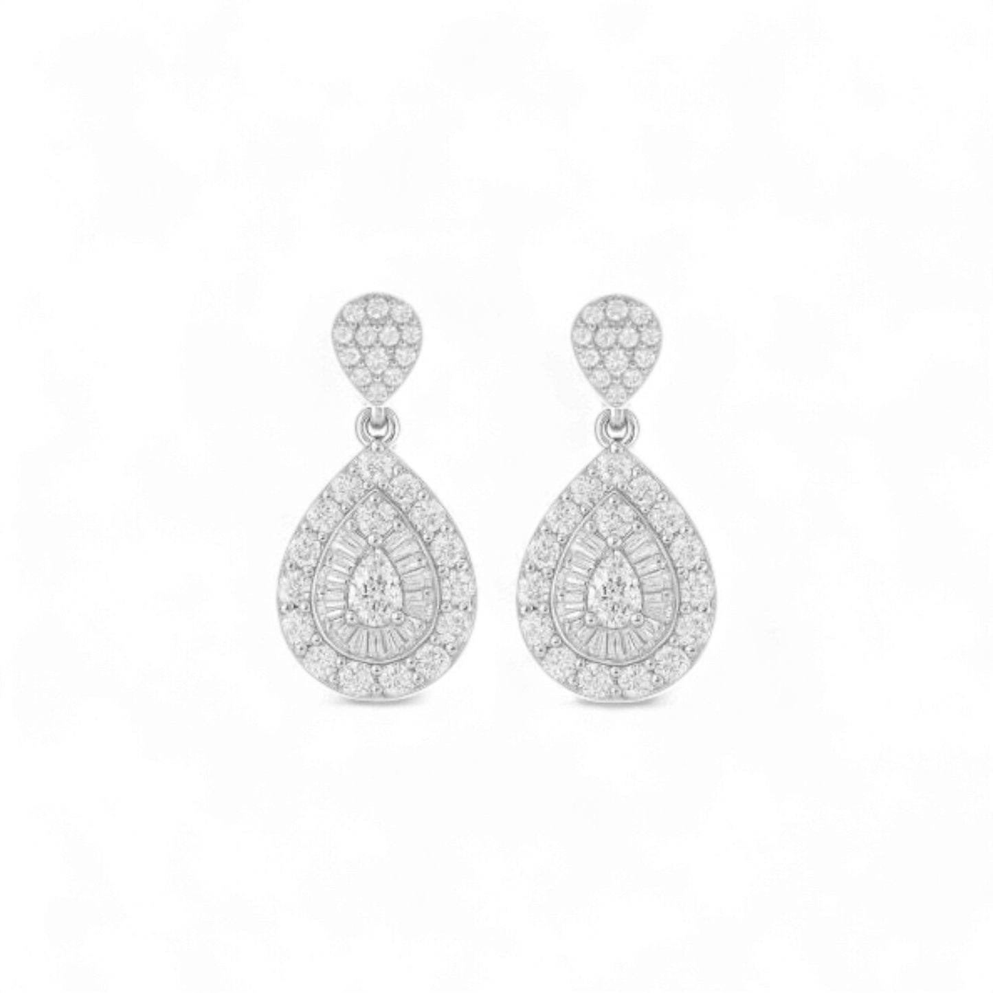 Pair of silver teardrop earrings with clear gemstones on a white background