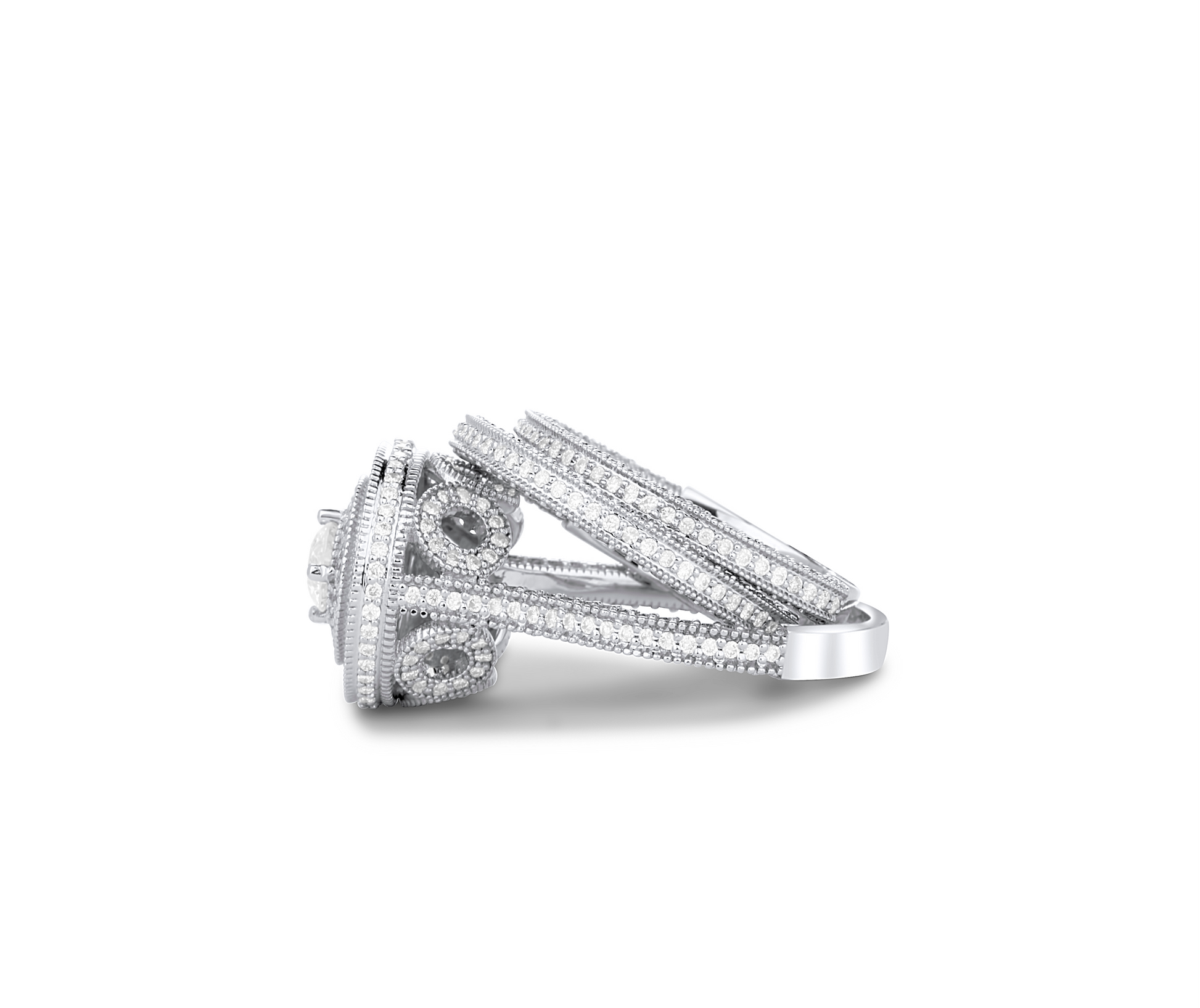 Pair of diamond-studded rings on a white background