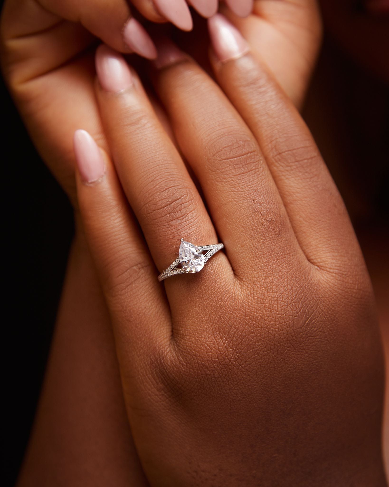 Split Shank Pear Cut CZ Engagement Ring in 925 Sterling Silver