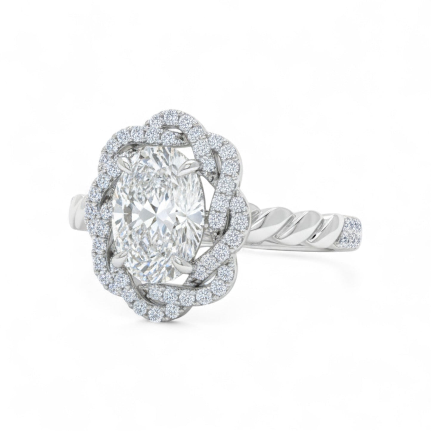 Silver ring with a large central gemstone and smaller stones on a white background