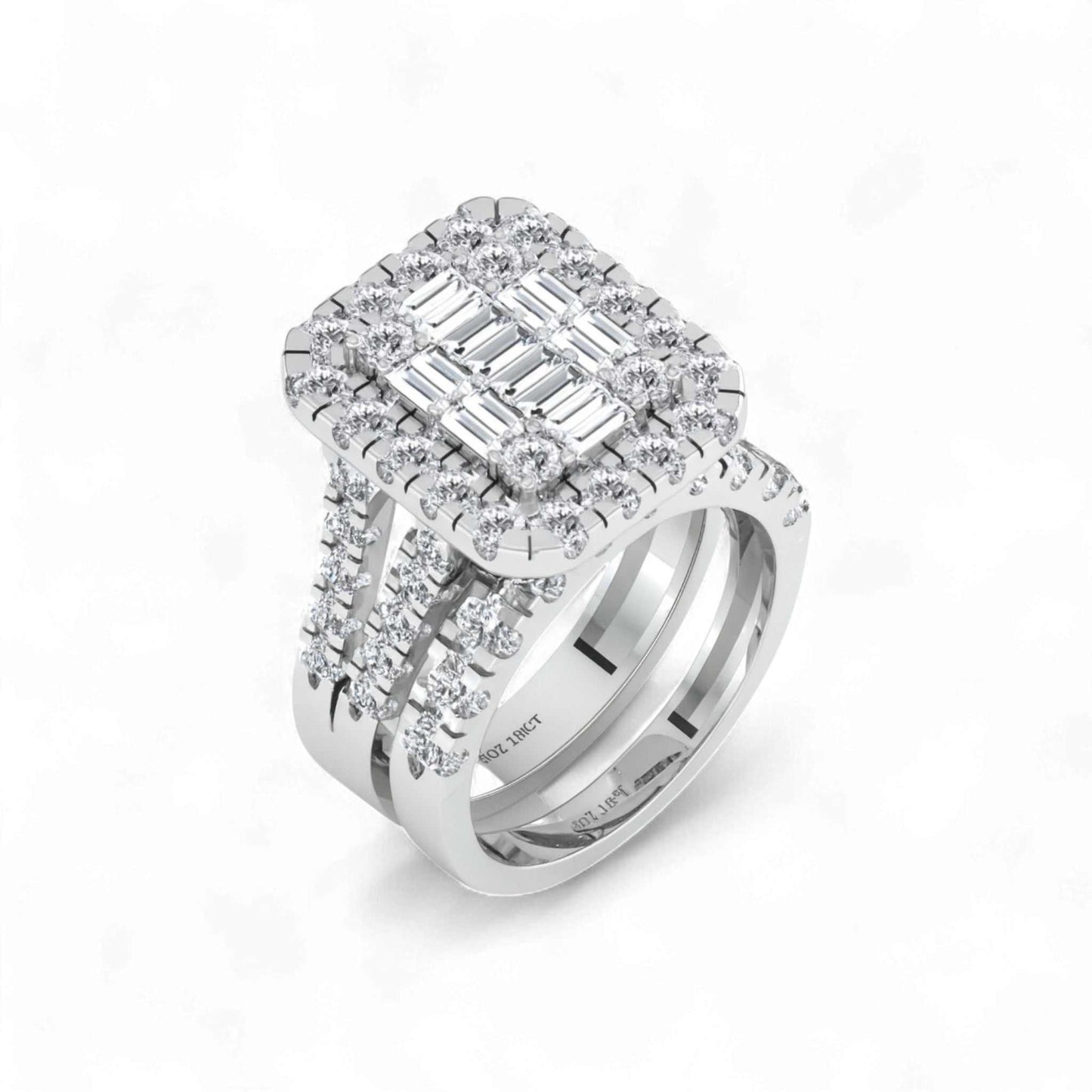 Diamond ring with a white gold band on a white background