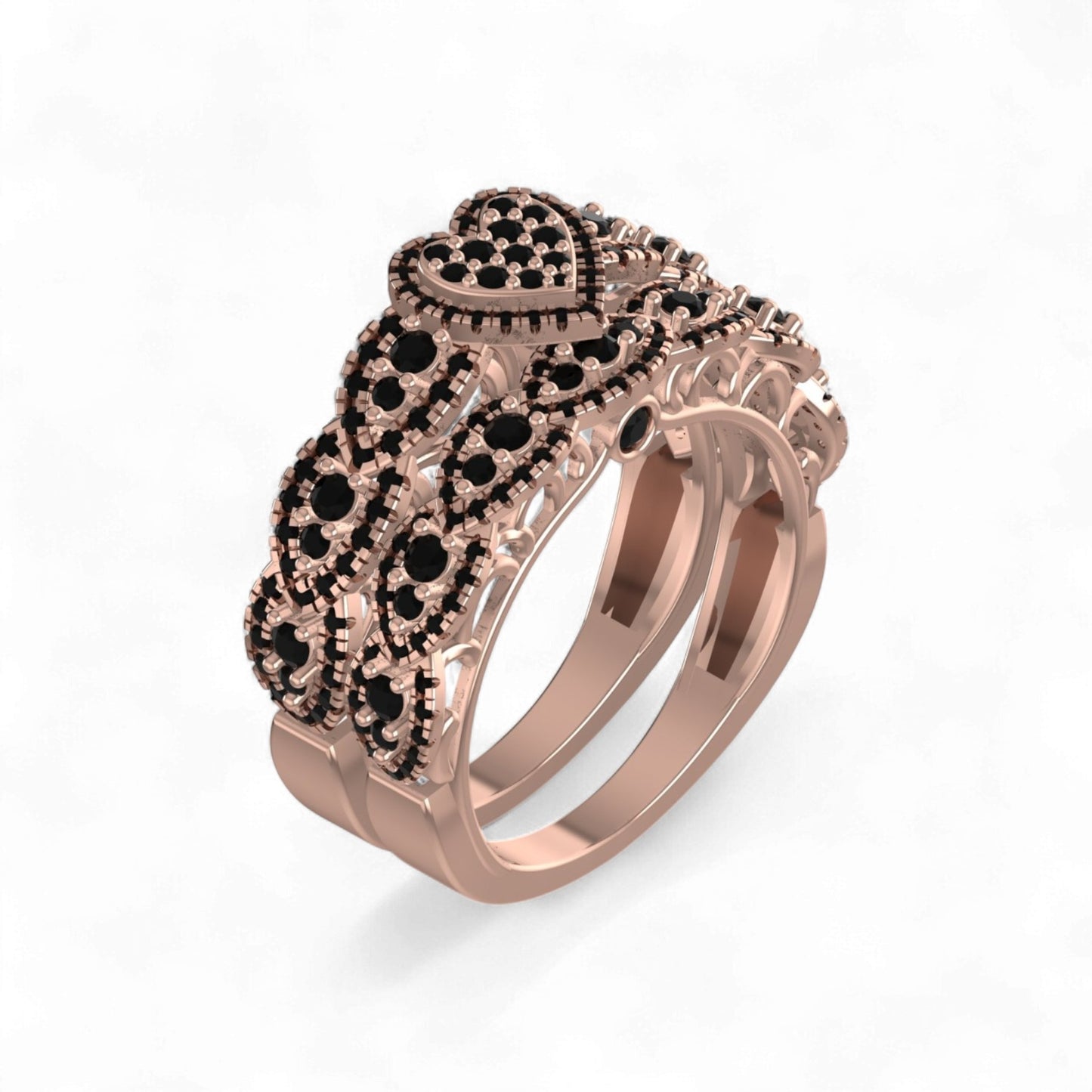 Ruby Heart Cut Black Diamond Cluster Engagement Ring in 18KT Gold