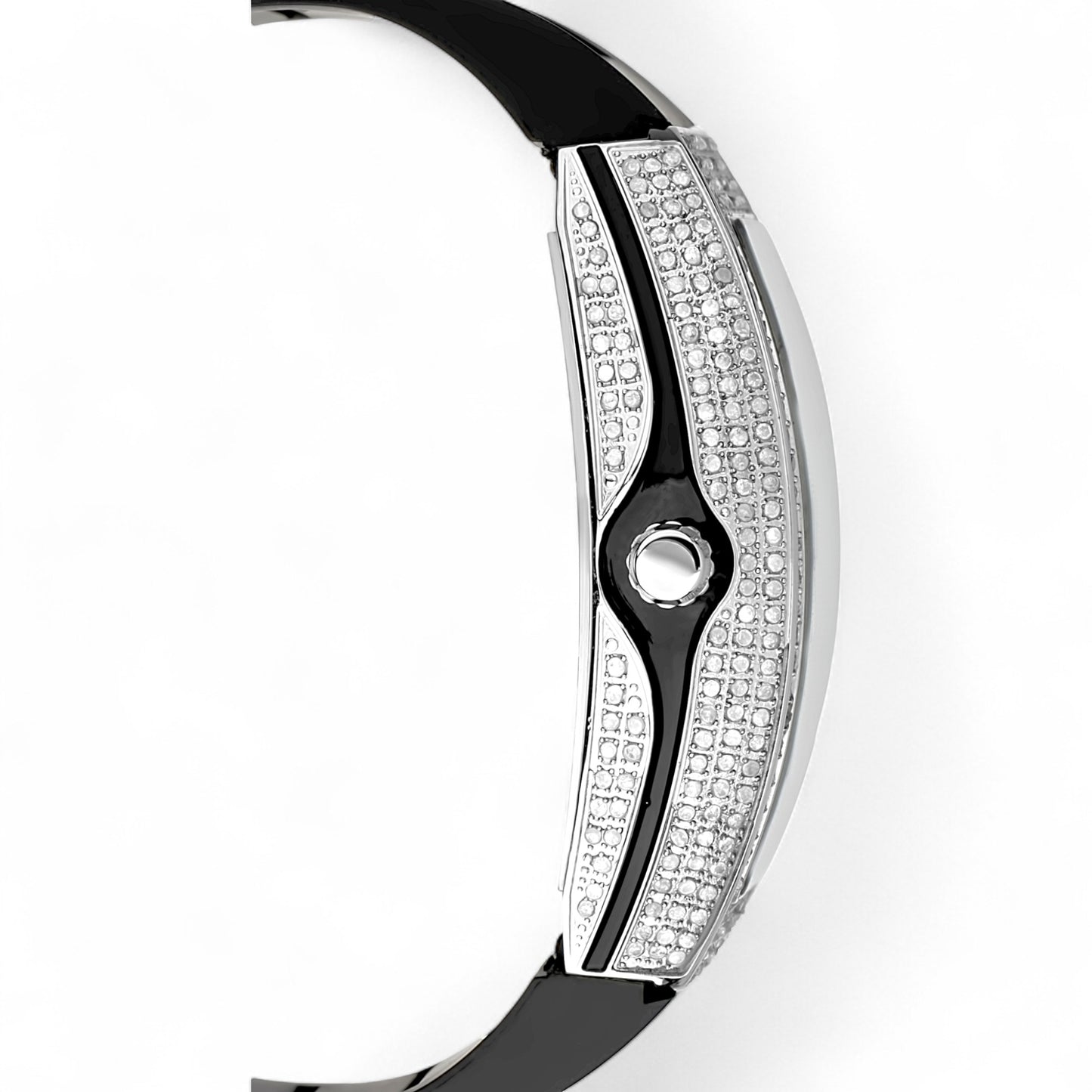 Close-up of a silver and black bracelet with diamond-like stones on a white background