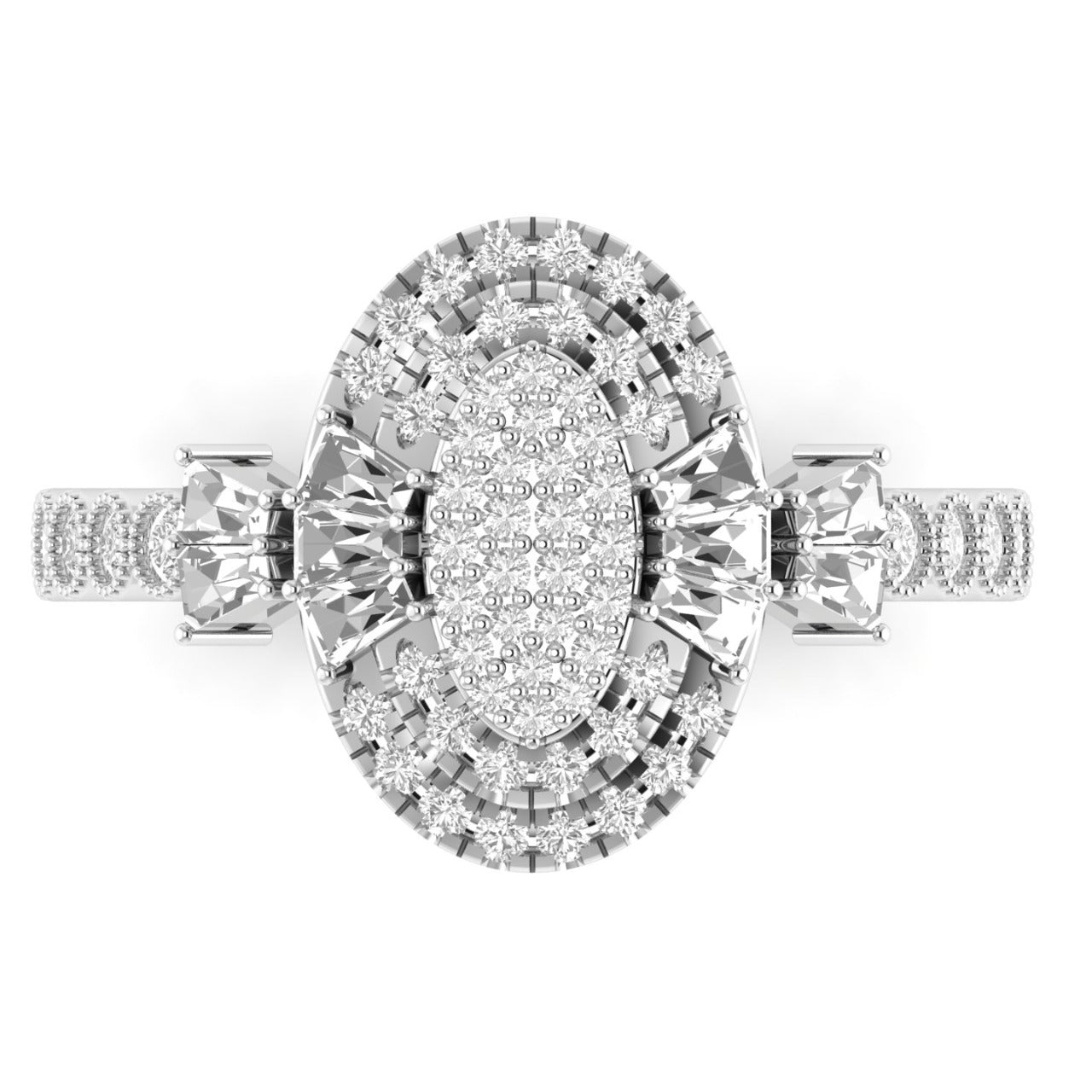 Diamond ring with a white gold band on a white background