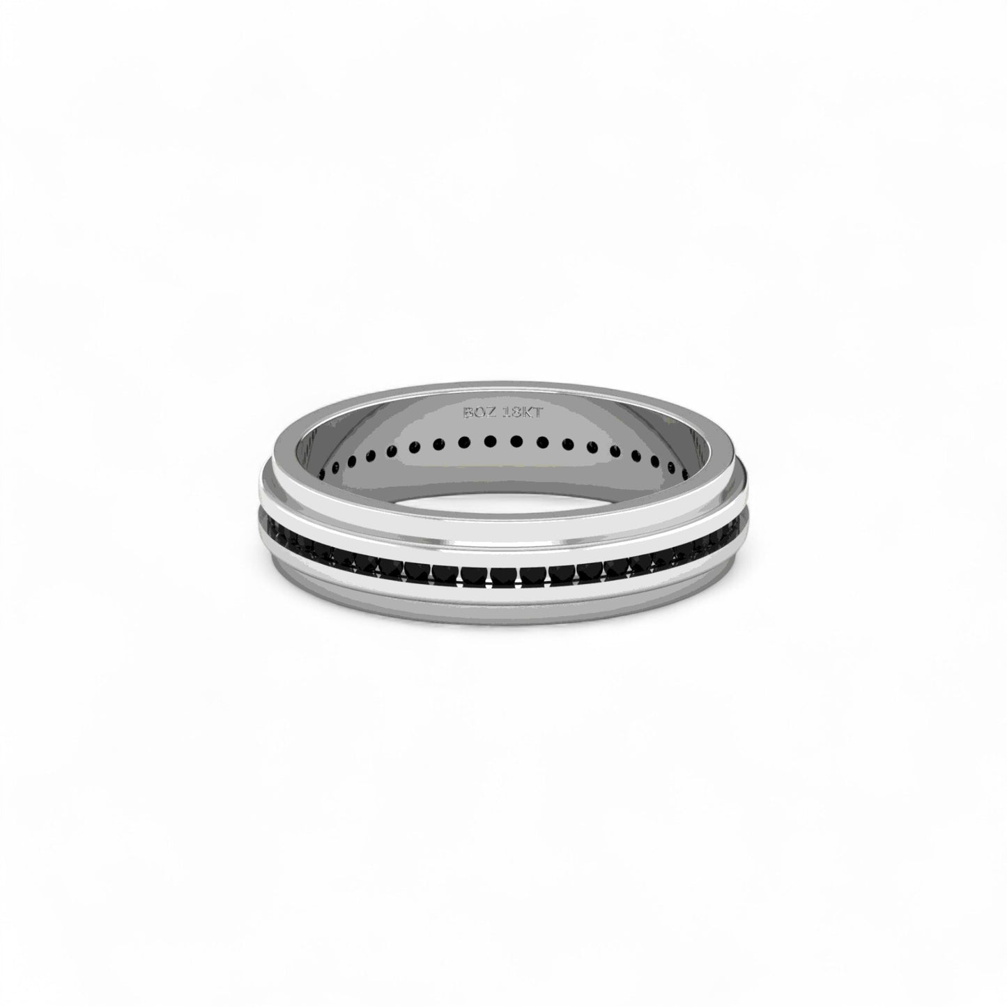 Silver ring with black accents on a white background