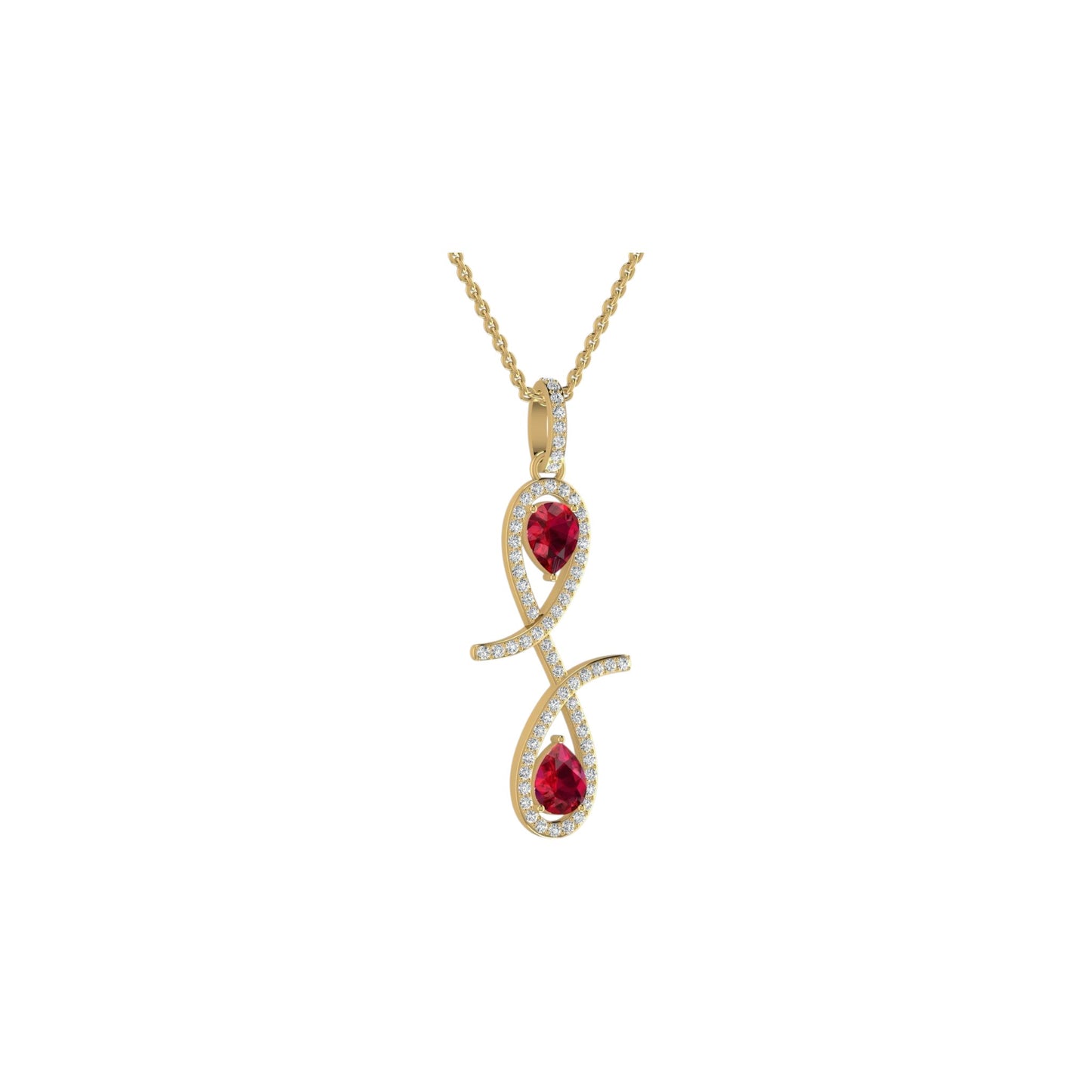 Gold necklace with a red gemstone pendant on a white background